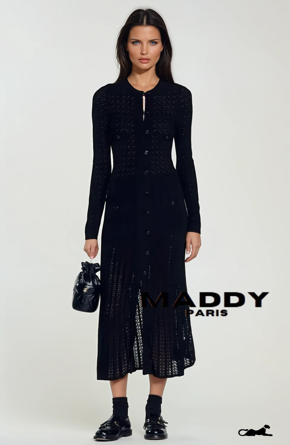 SANDRO ALESSIA CROCHET KNIT MIDI / MAXI DRESS - BLACK