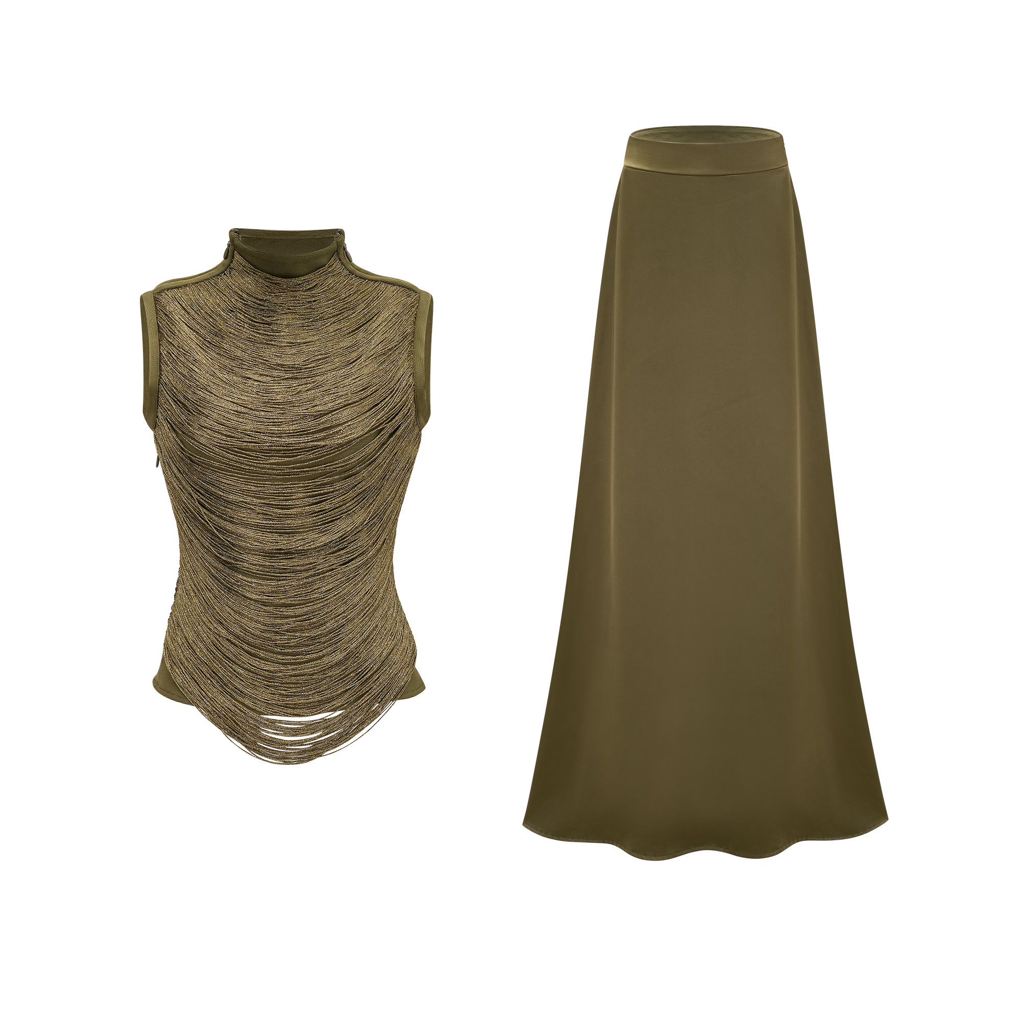 Borbála Green Fringed Top & Satin Skirt Set (Final Sale-US Only)
