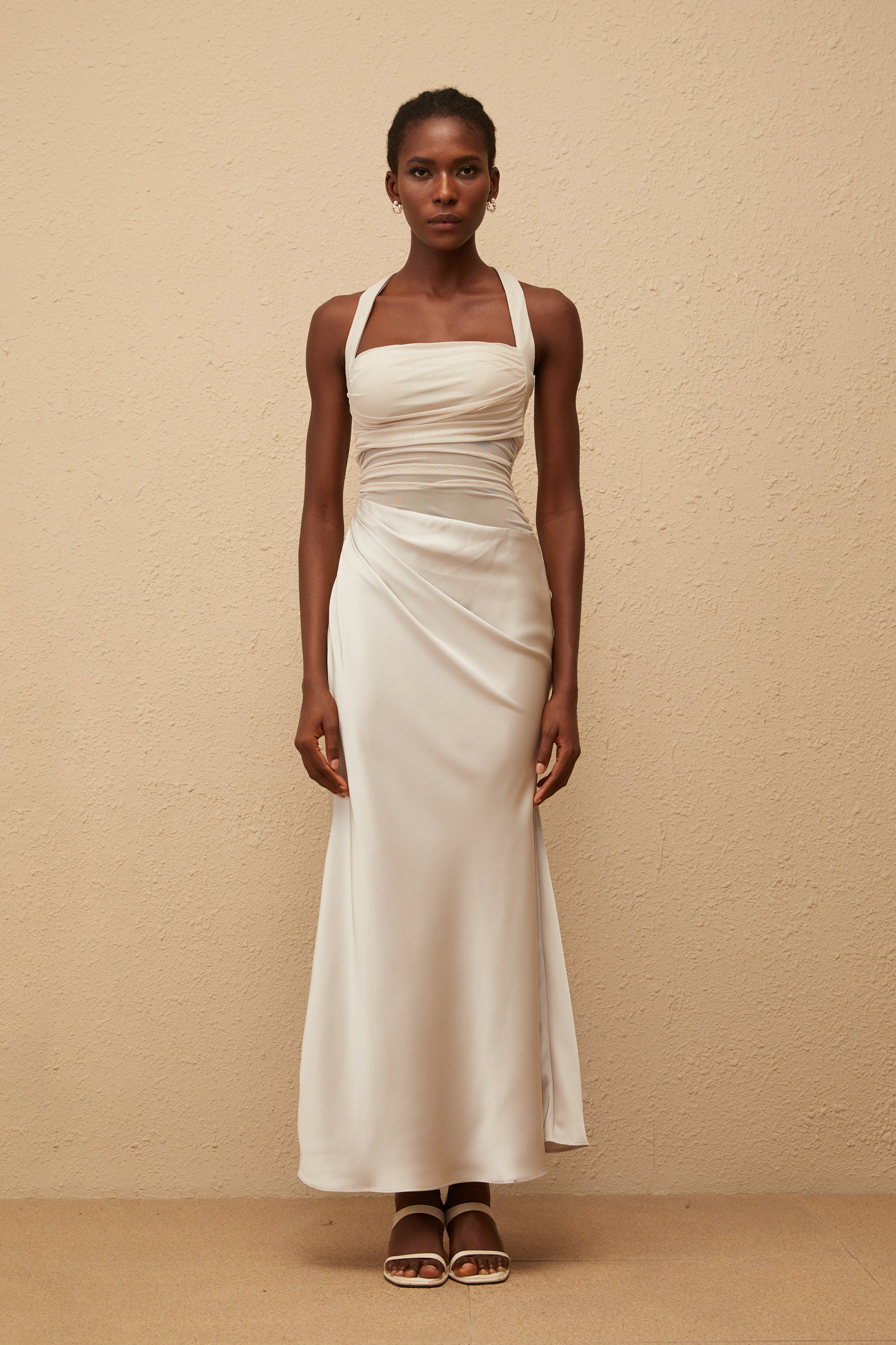 Taina Grey Mesh Panel Ruched Maxi Dress