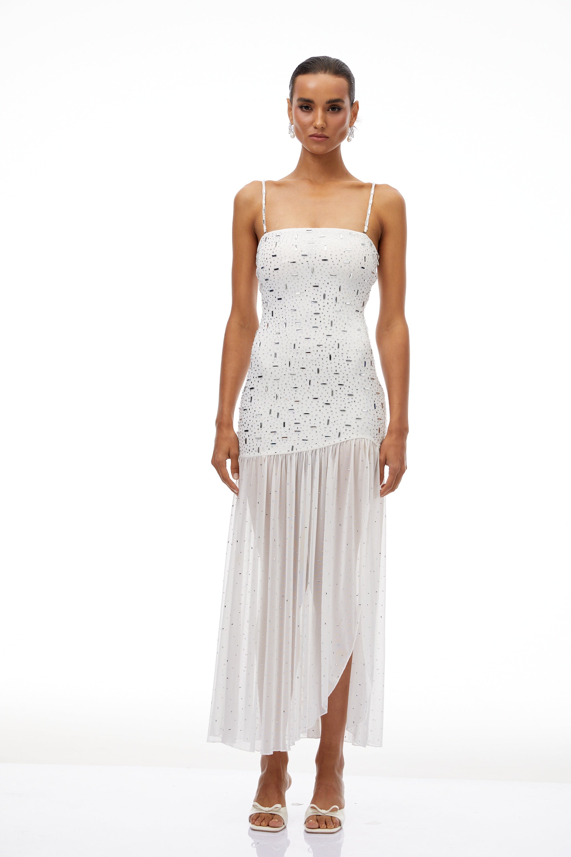 Apollonia White Rhinestone Asymmetrical Maxi Dress