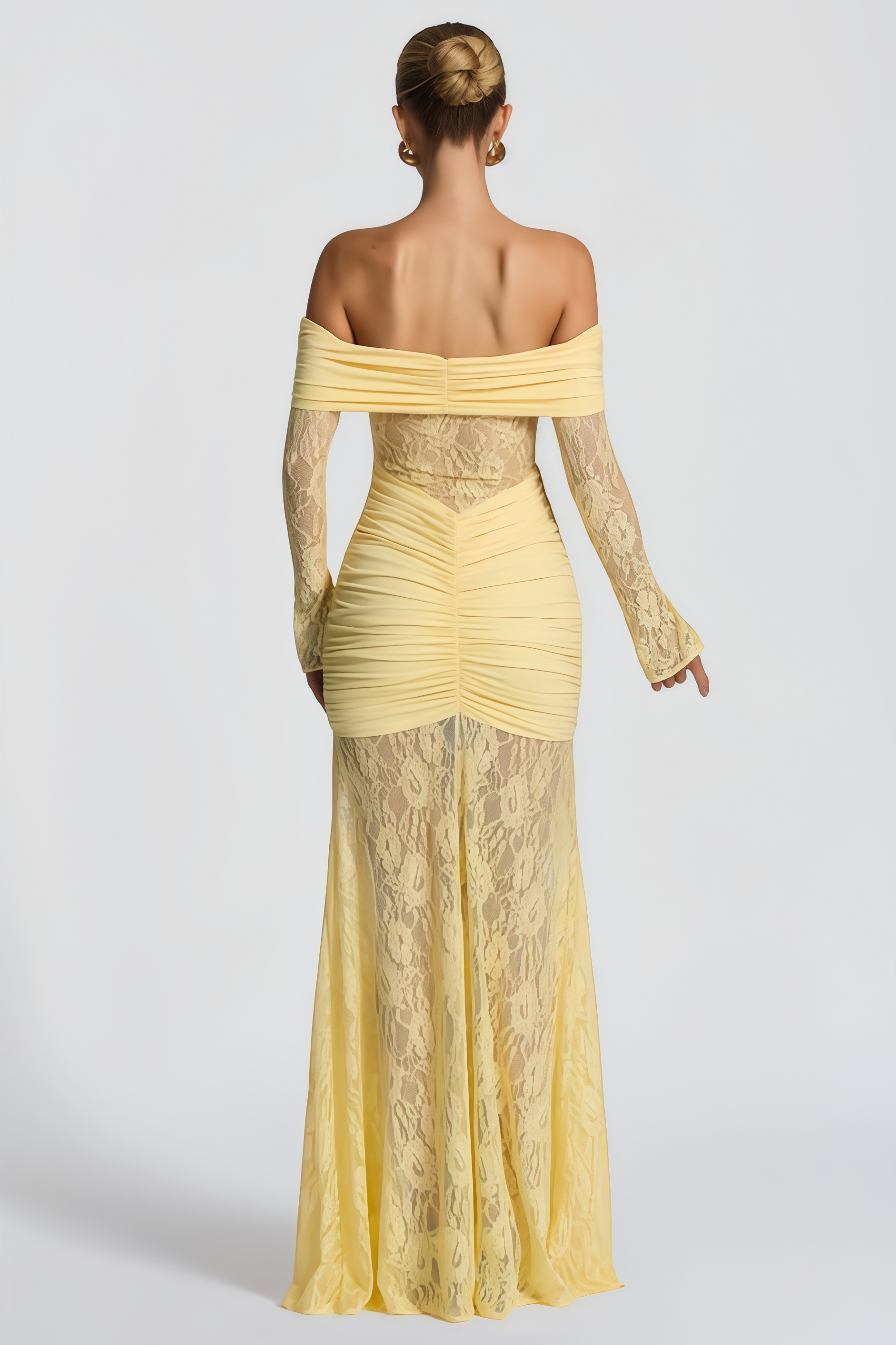 Brigitte Yellow Lace Panel Ruched Maxi Dress (Final Sale-US Only)