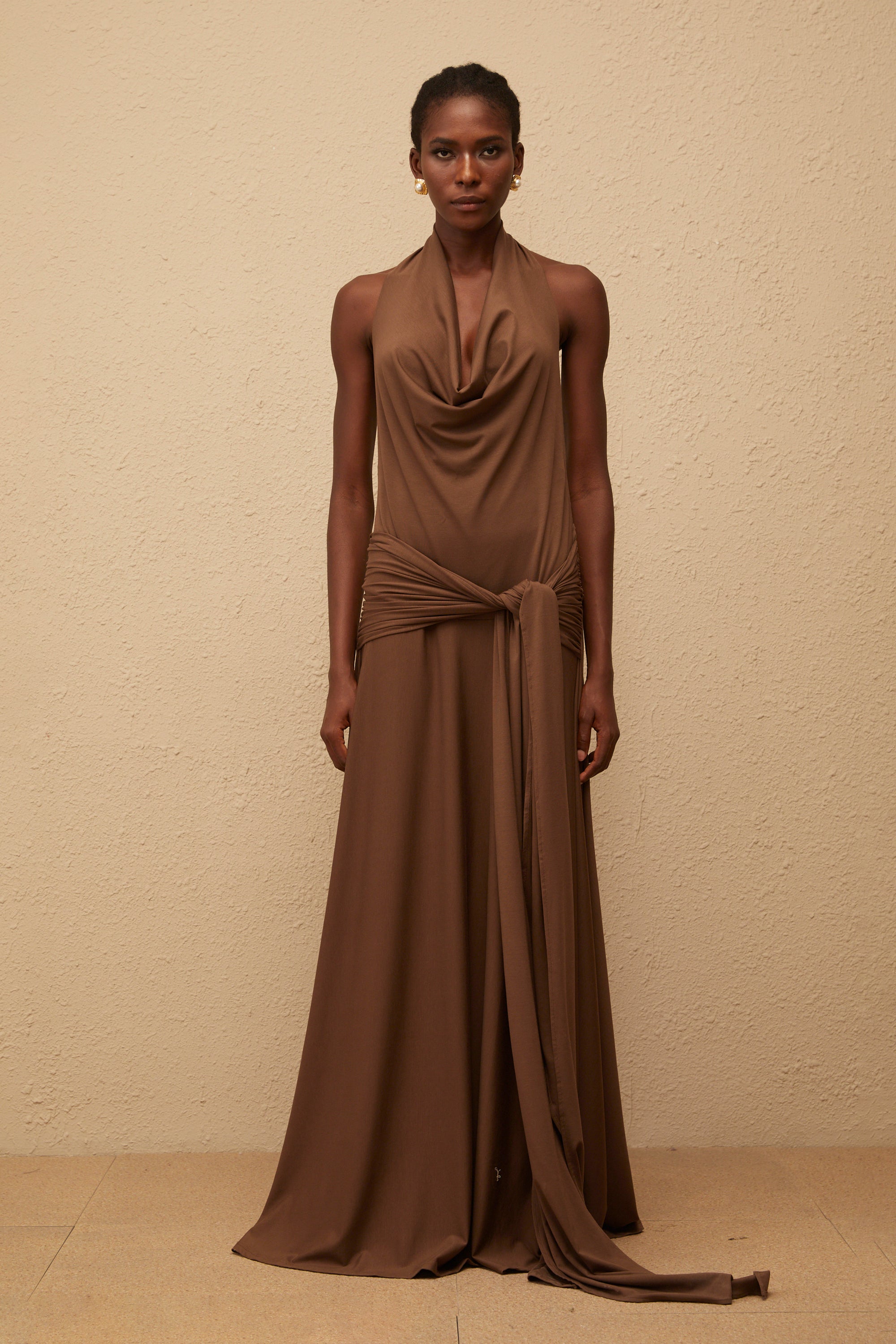Minna Brown Halterneck Twisted Maxi Dress