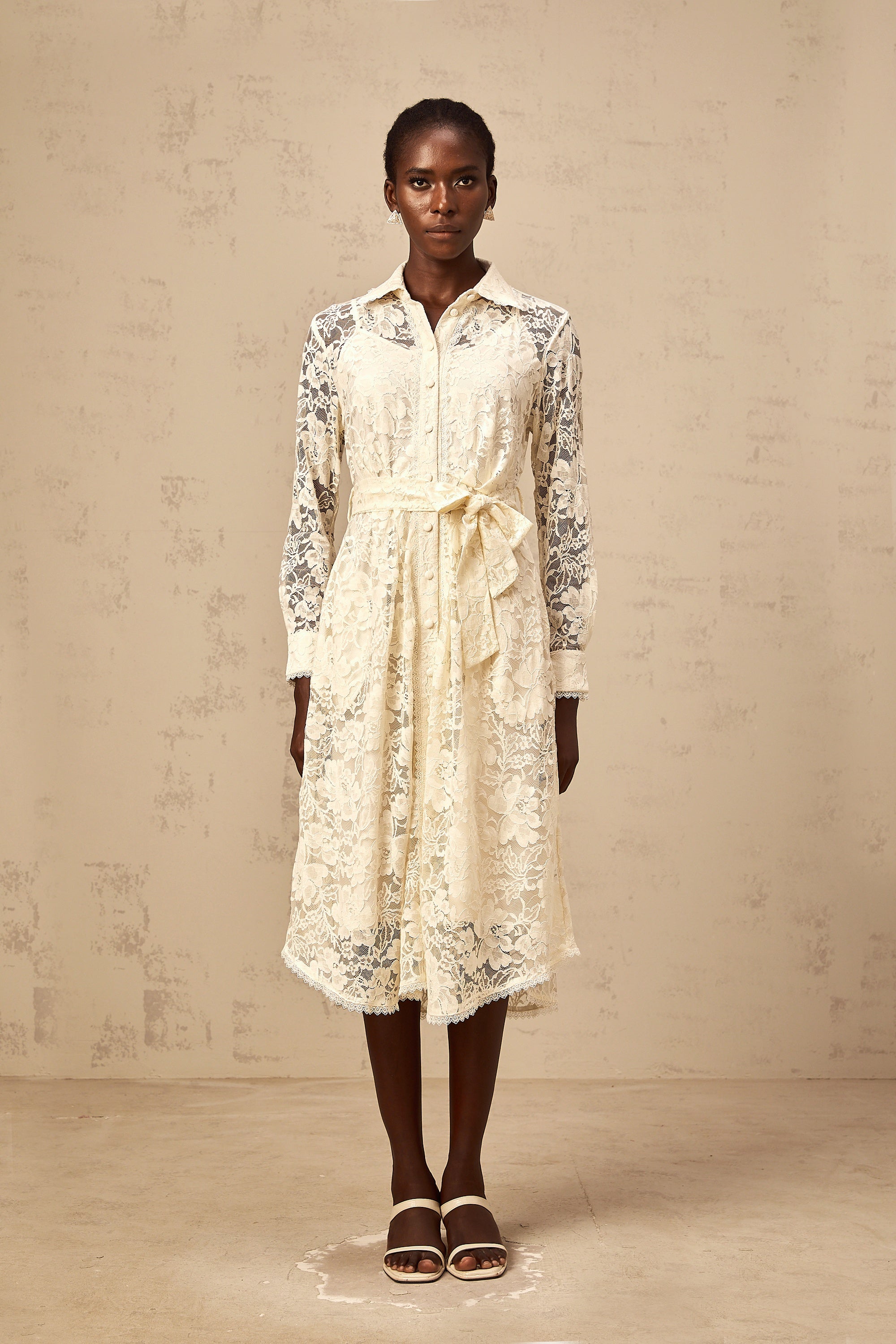 Juliette neutrals guipure-lace midi shirt dress