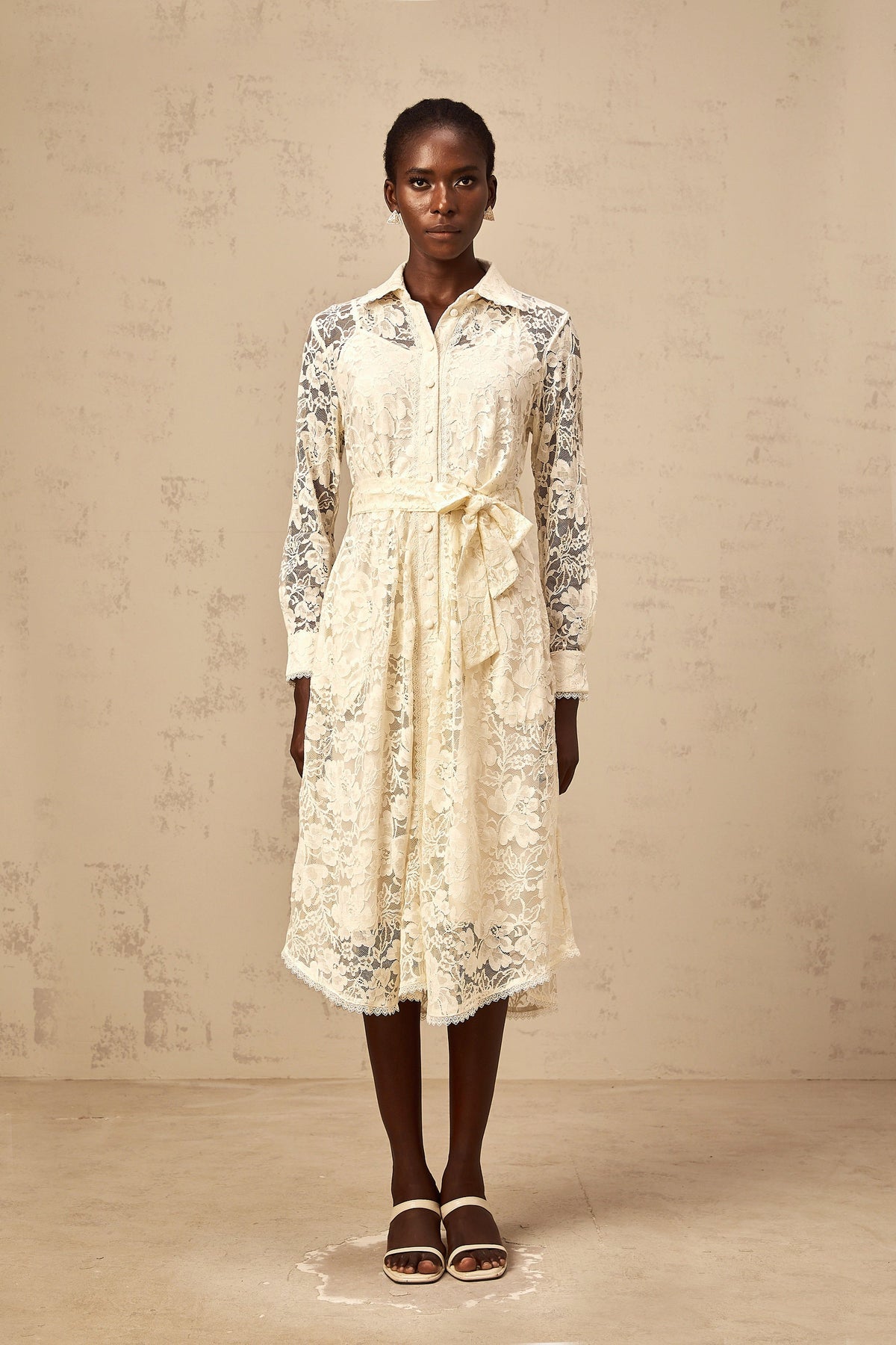 Juliette neutrals guipure-lace midi shirt dress