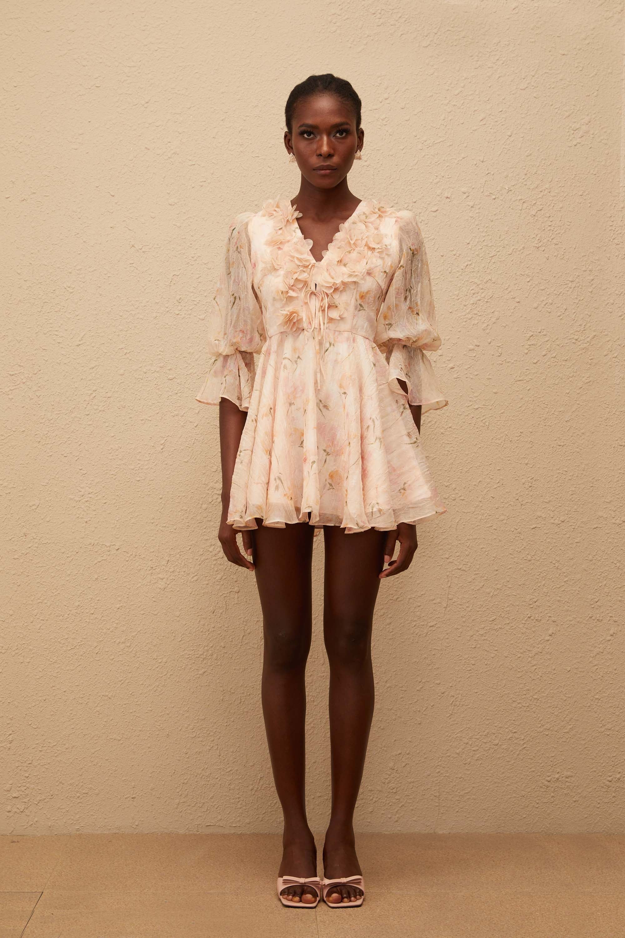 Aliénor Peach Glossy Floral Print Mini Dress