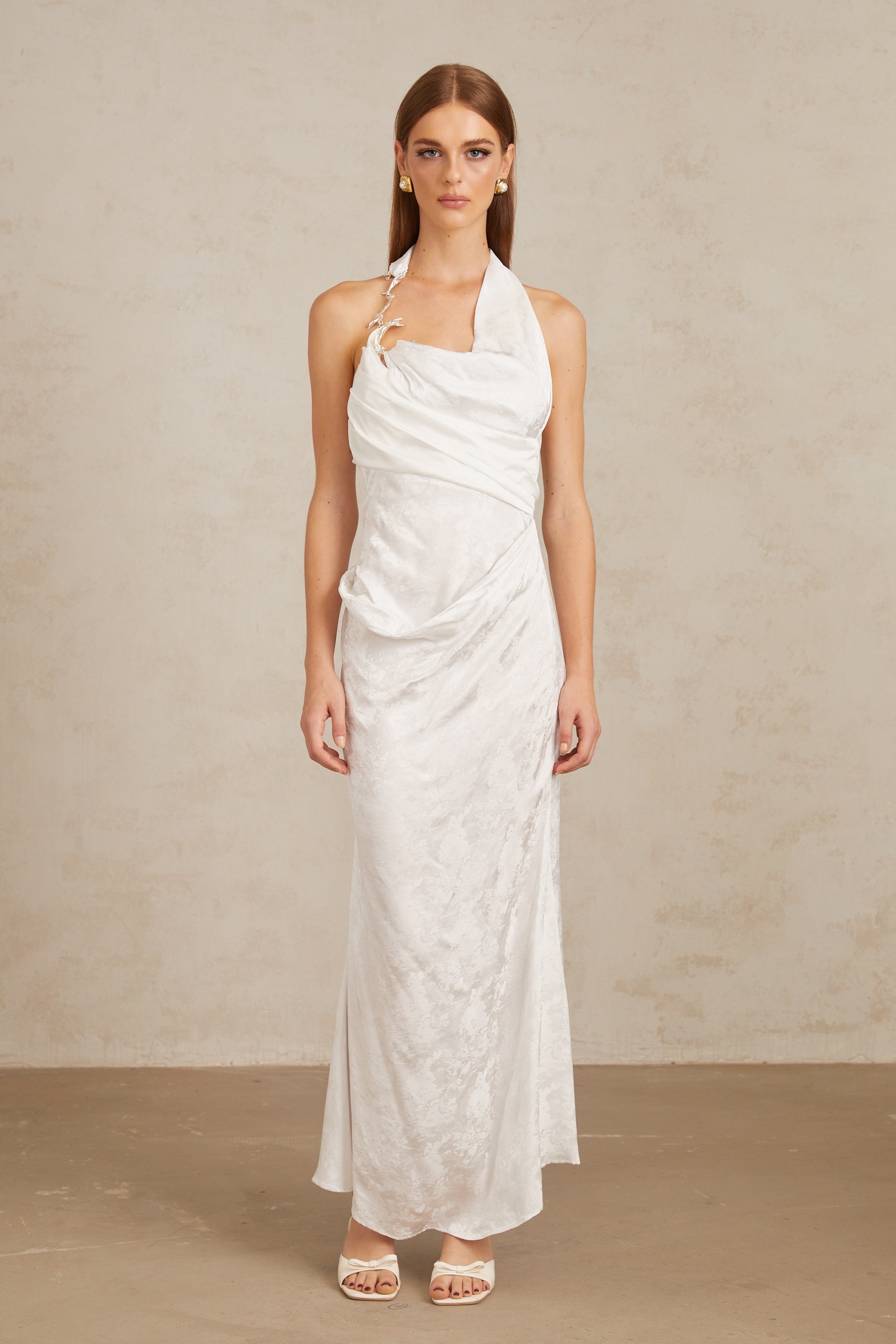 Marie White Ruched Jacquard Floral Maxi Dress