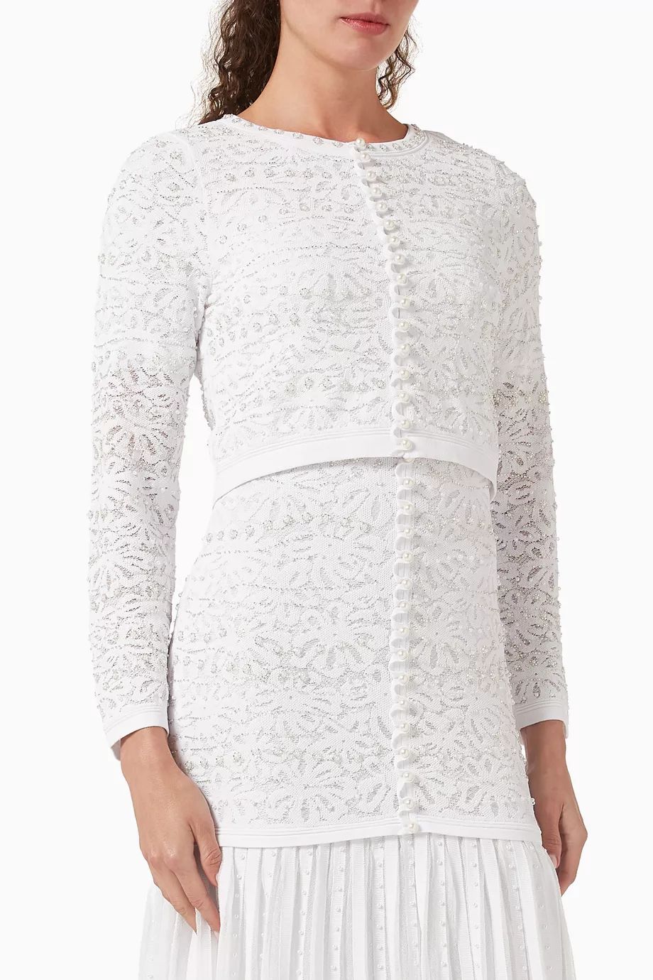Sandro Celeste Embellished Knit Maxi Dress with Cropped Pearled Cardigan - Pearl White