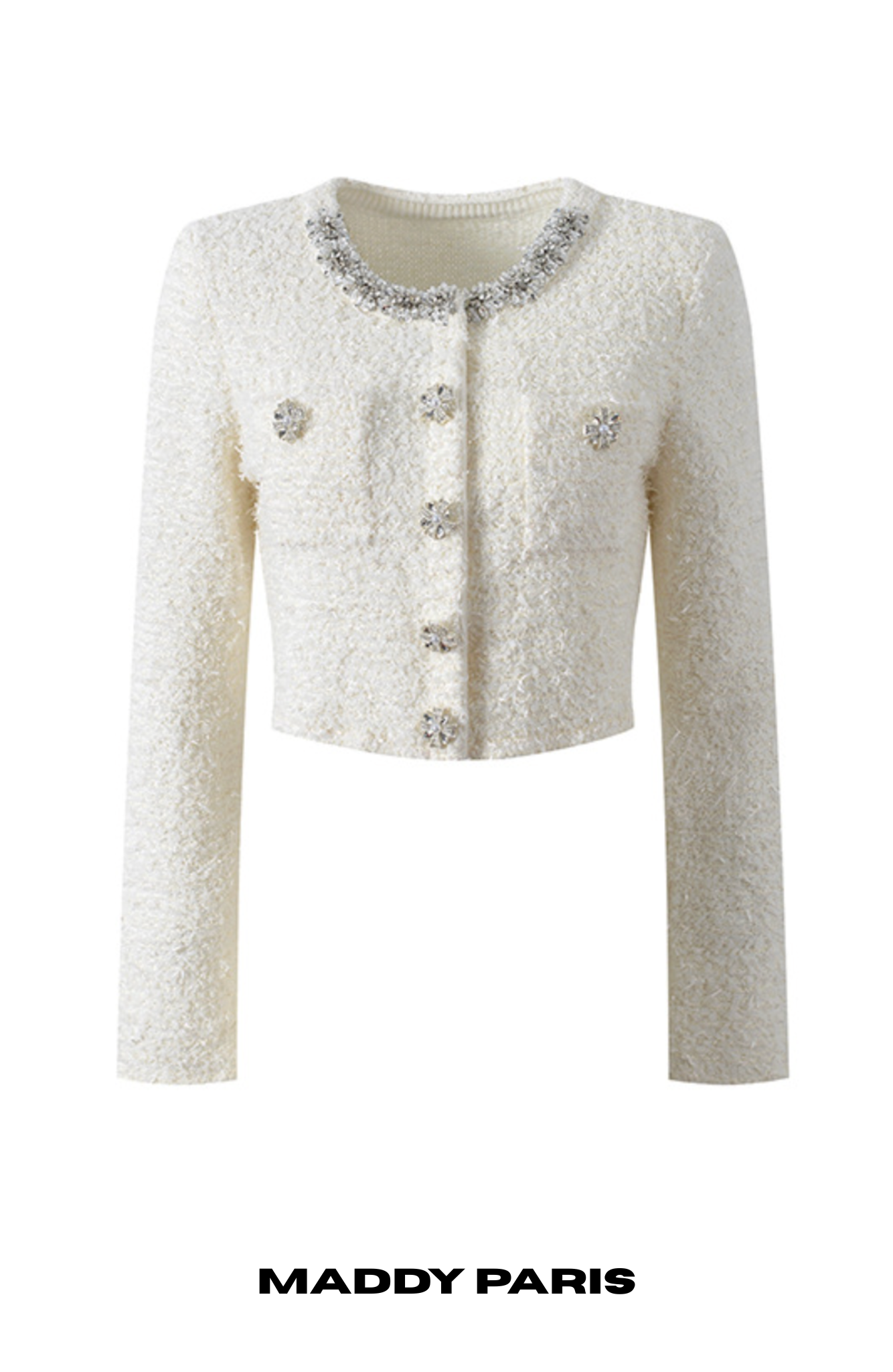CHLOE CREAM BOUCLÉ KNIT CROPPED CARDIGAN WITH CRYSTAL BUTTONS - WHITE