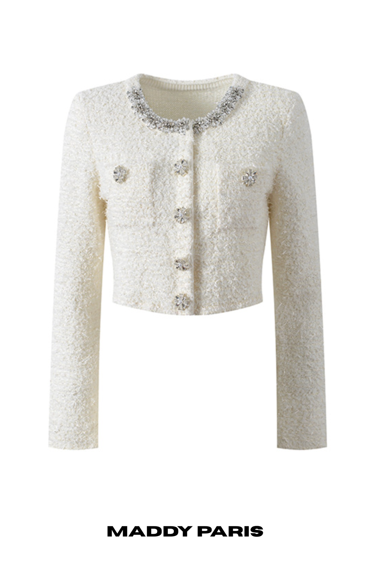 CHLOE CREAM BOUCLÉ KNIT CROPPED CARDIGAN WITH CRYSTAL BUTTONS - WHITE