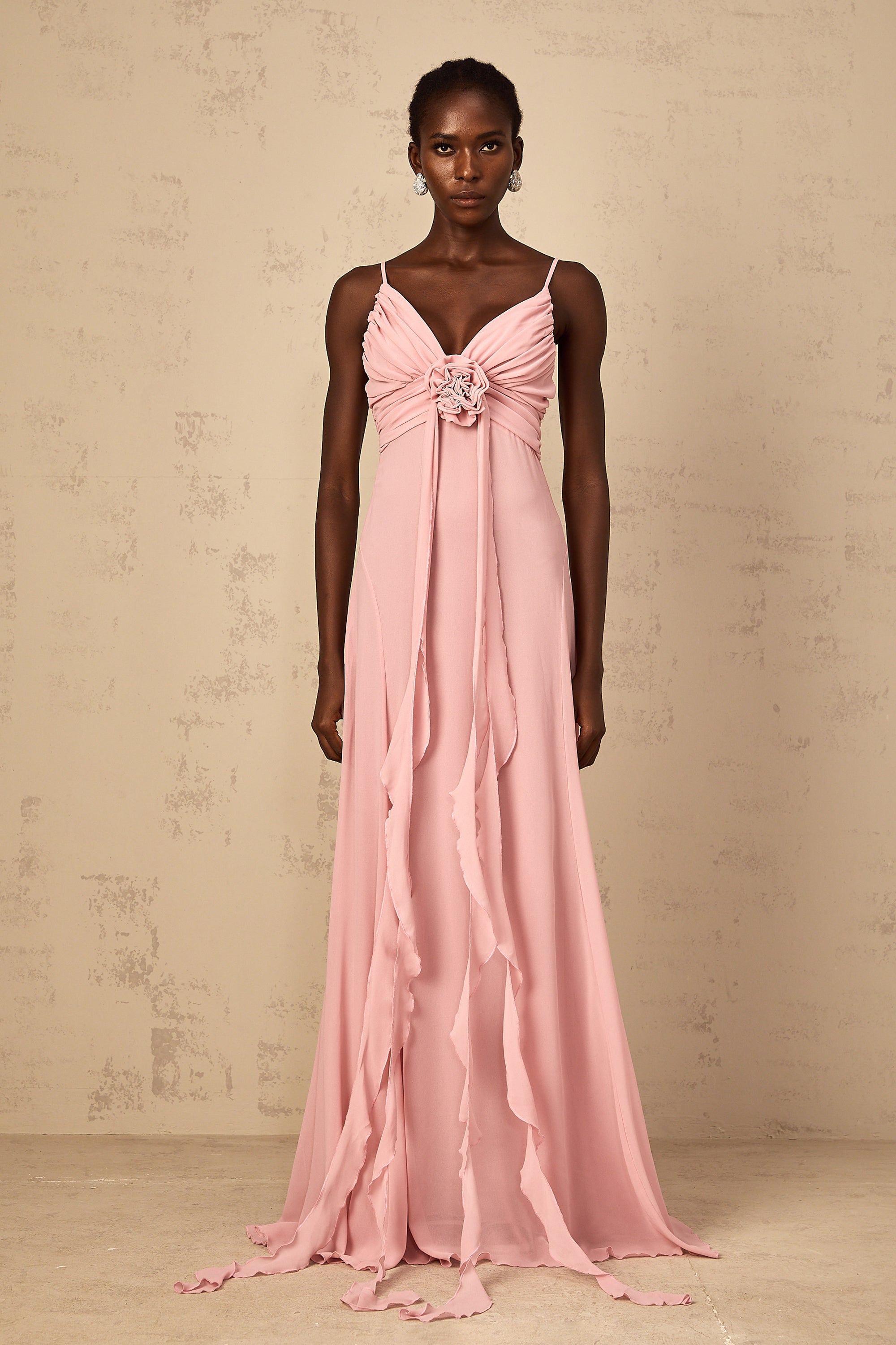 Ysandre Soft-Pink 3D Petal Tulle Maxi Dress