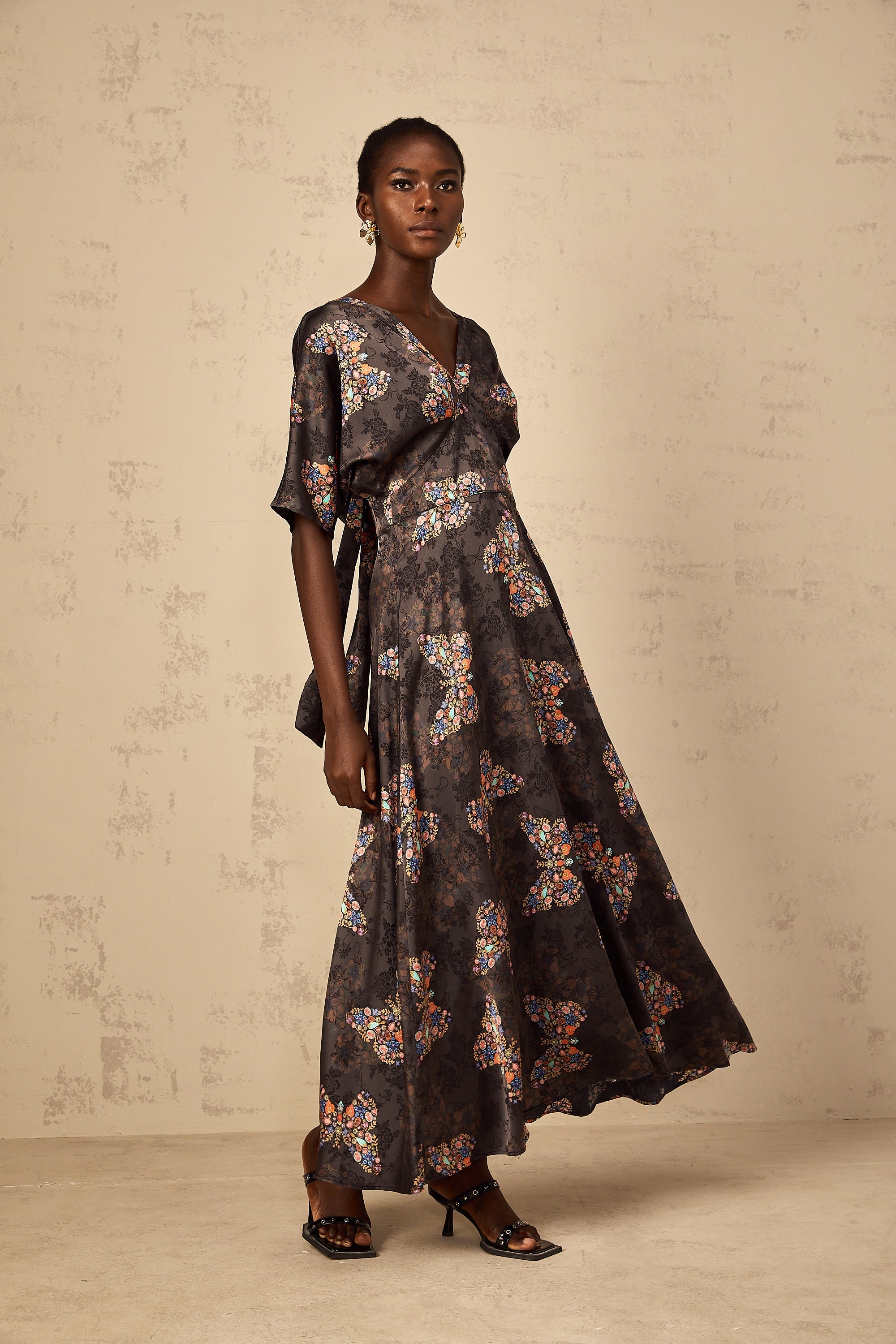 Glannon Black Self-Tie Butterfly Print Maxi Dress