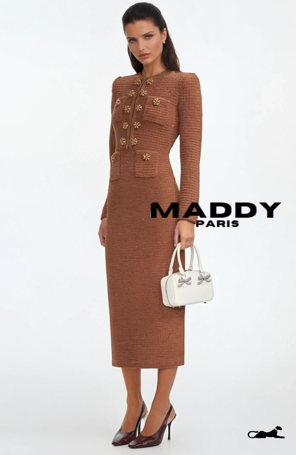 ISABELLE TWEED MIDI DRESS – CAMEL BROWN