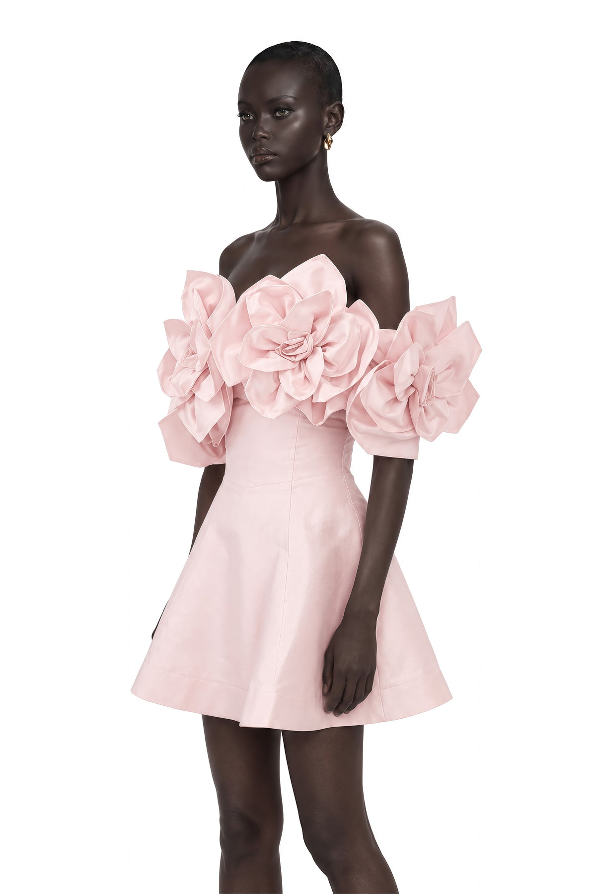 juliette pink off-shoulder 3d-petal mini dress
