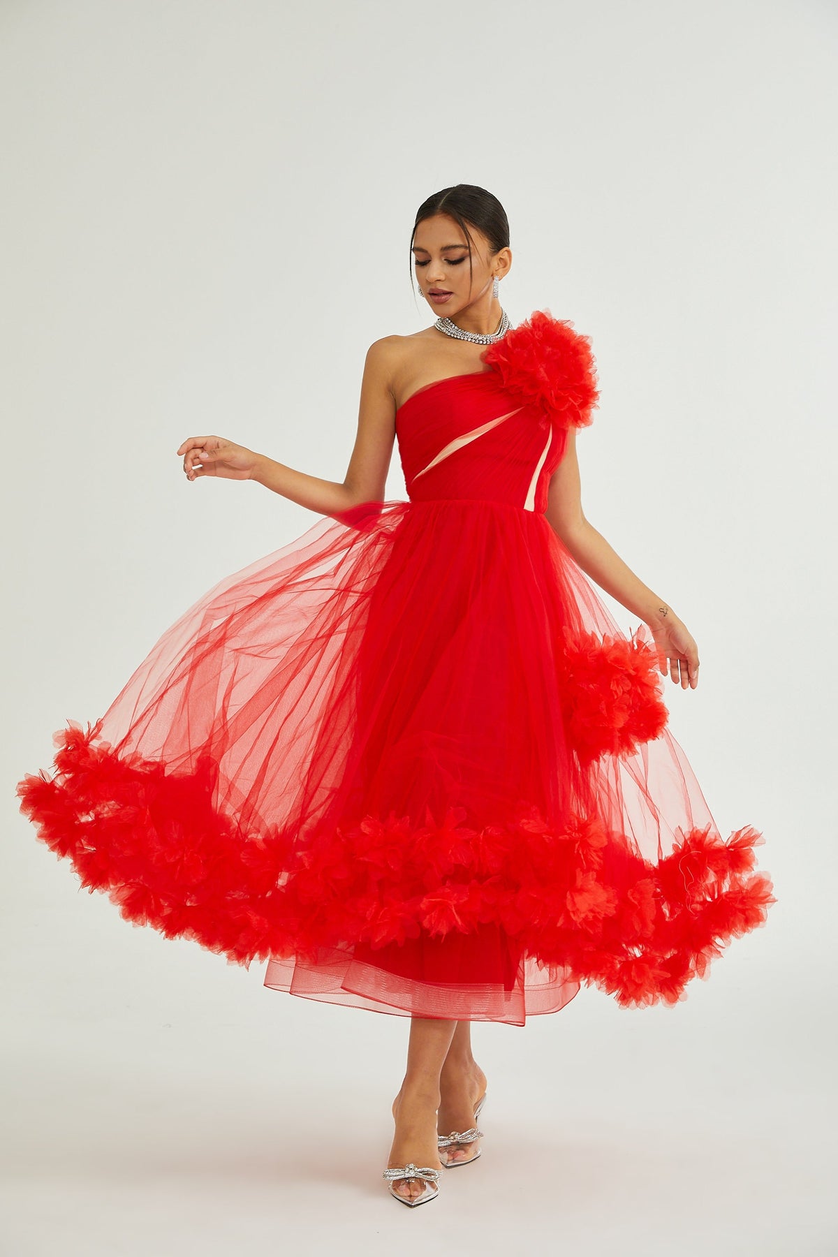 Victoire tulle-panelled midi dress