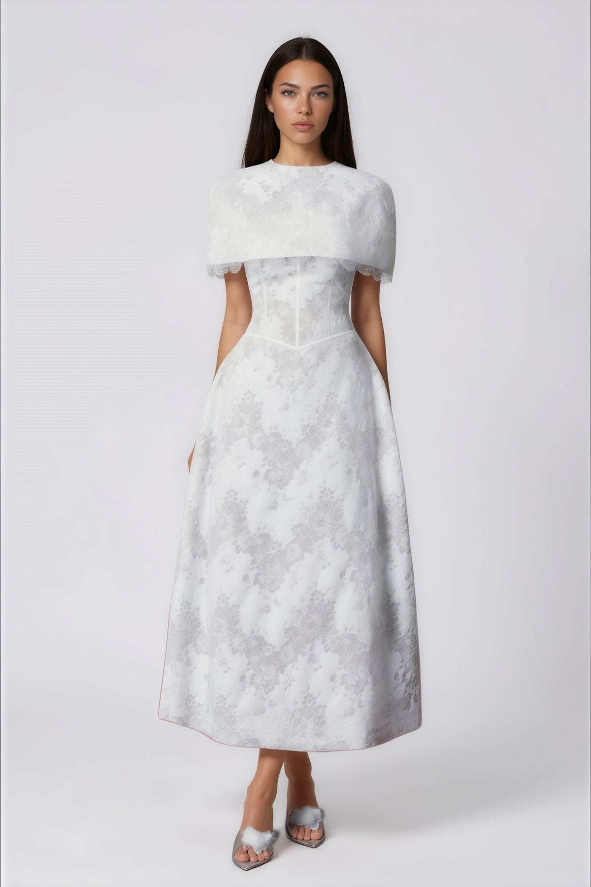 Zohar White Floral Lace Midi Dress with Cape