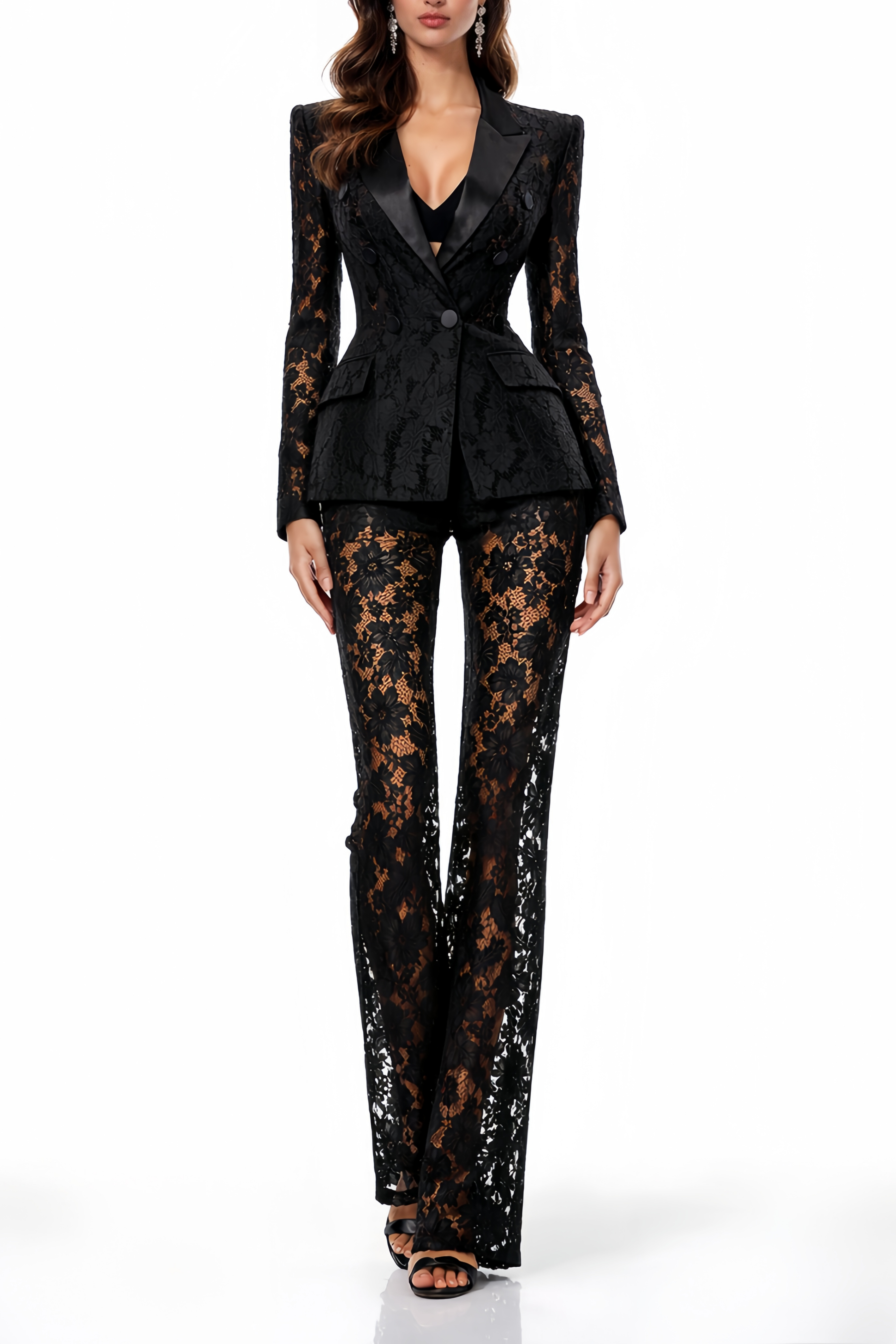 Zoé Black Sheer Lace Blazer & Trousers Matching Set