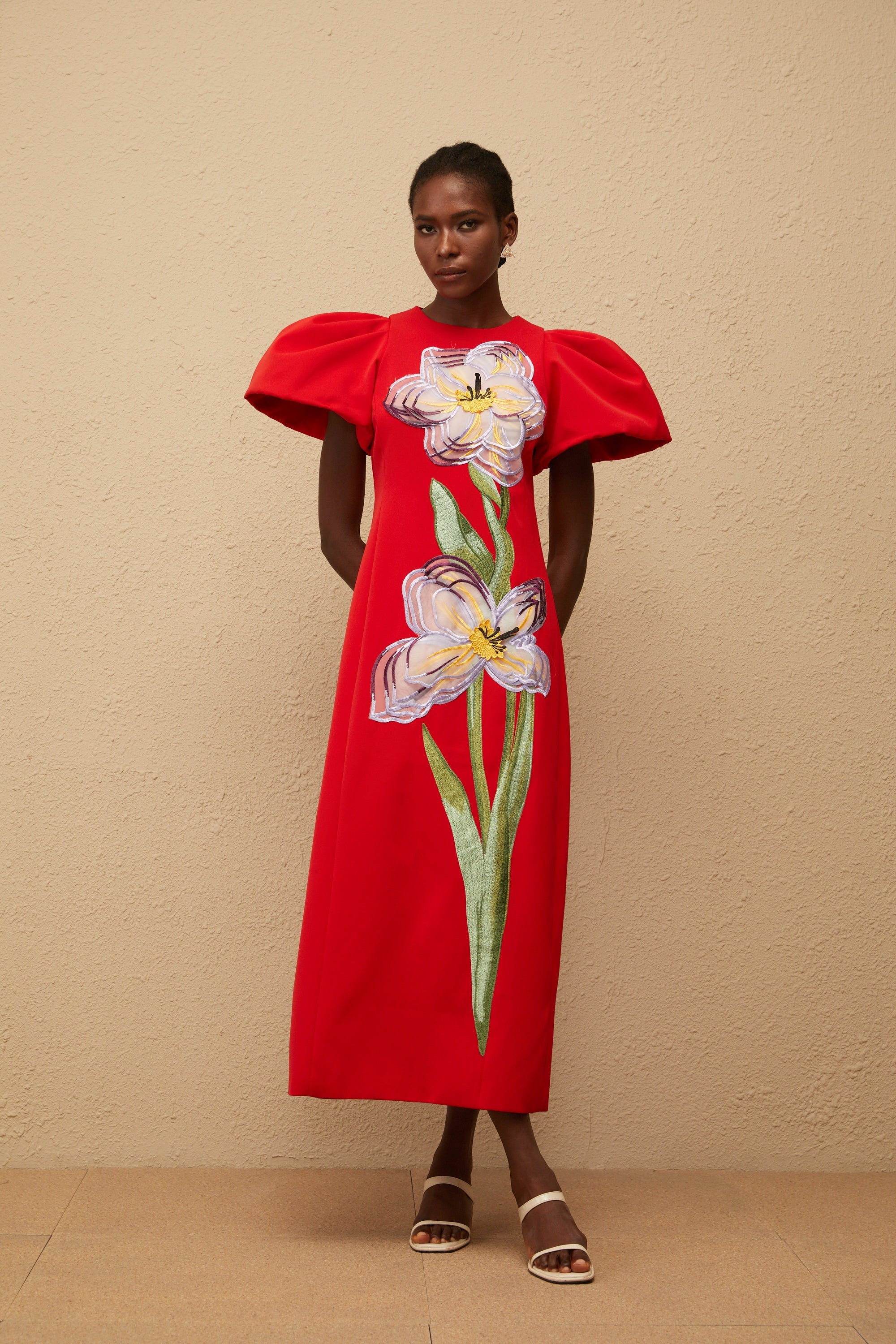 Irène Red Sequined Floral Embroidered Midi Dress (Final Sale-US Only)