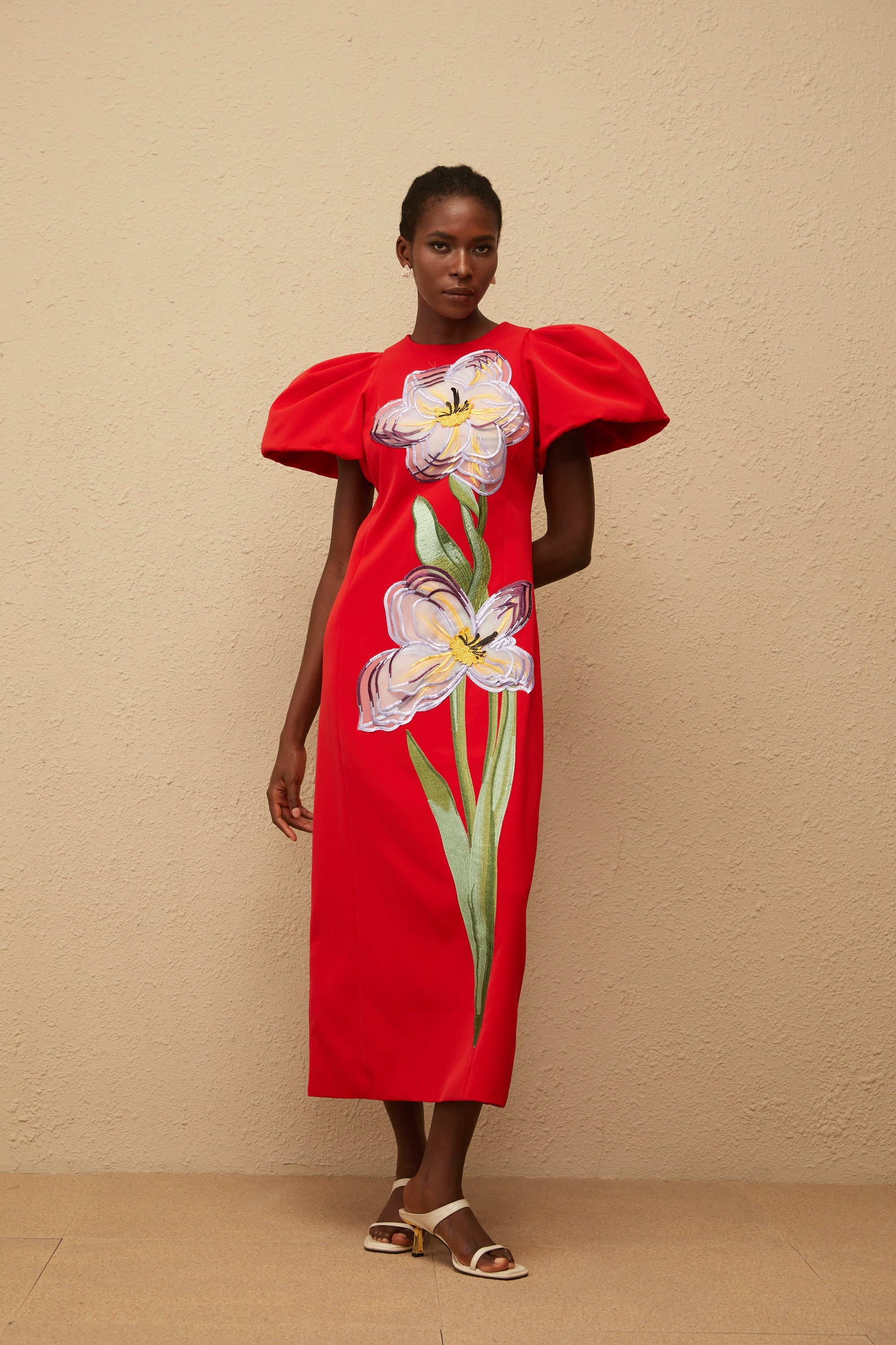 Irène Red Sequined Floral Embroidered Midi Dress