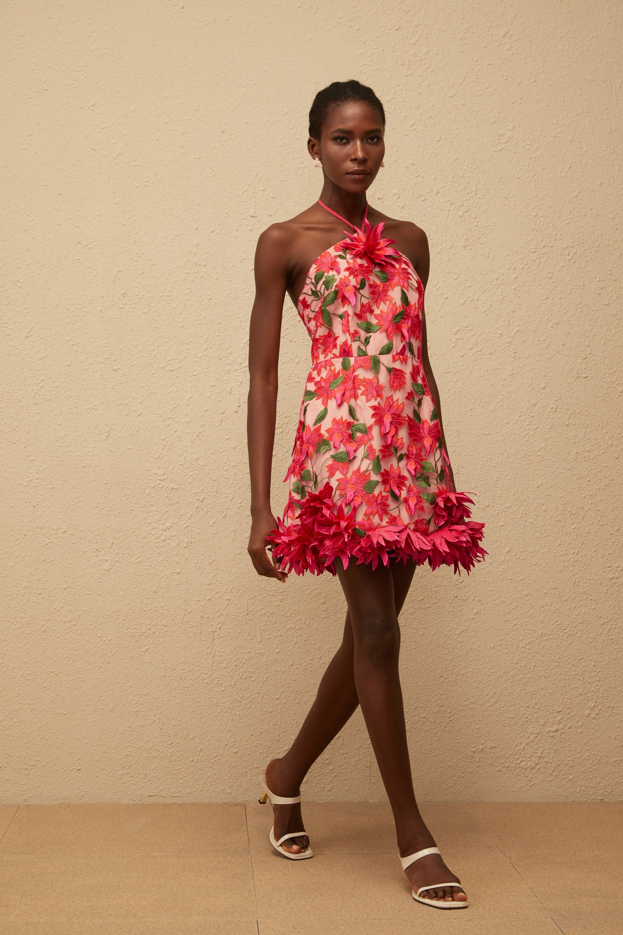 Doriane Red Halterneck Floral Embroidered Mini Dress