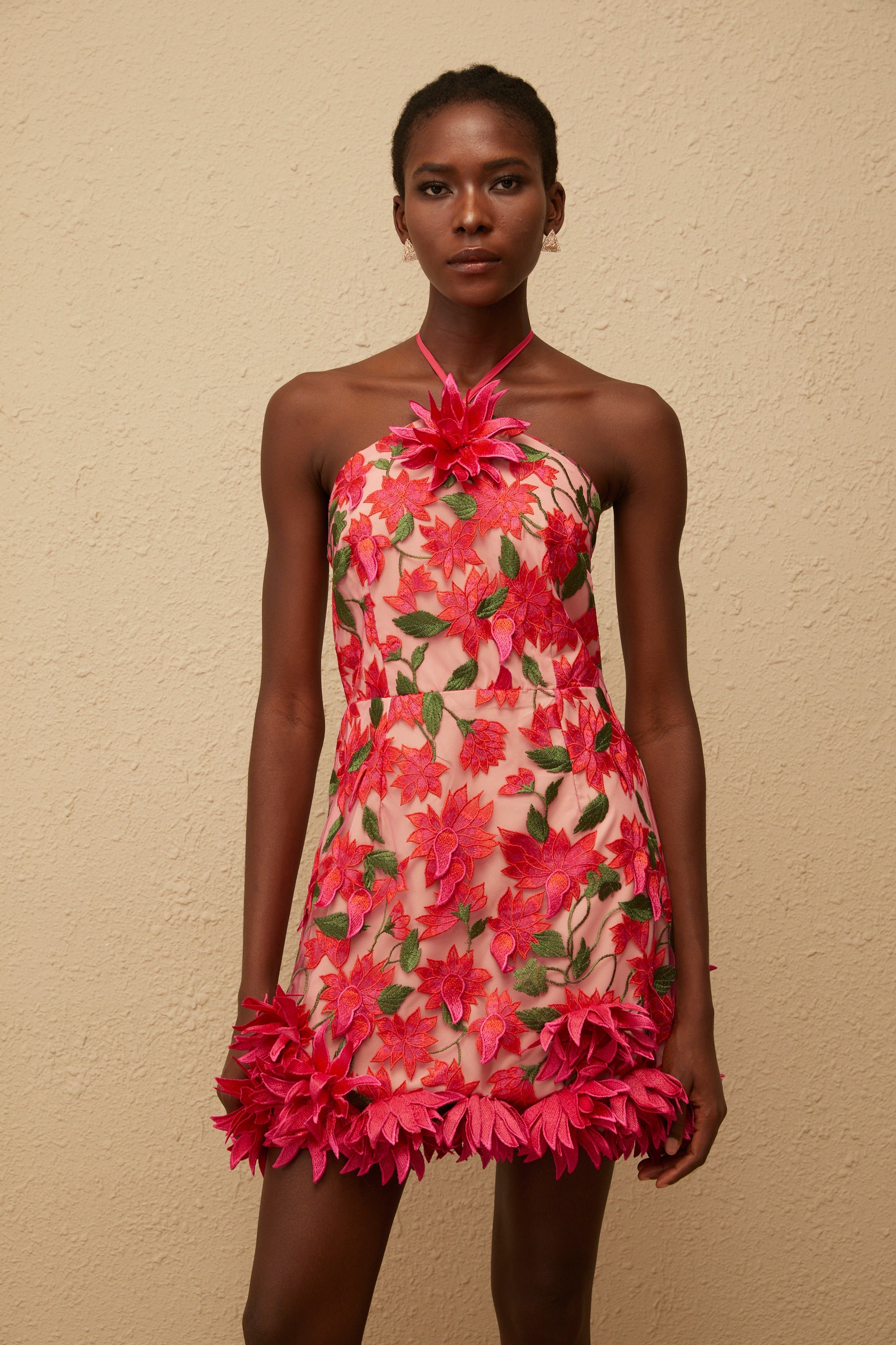 Doriane Red Halterneck Floral Embroidered Mini Dress