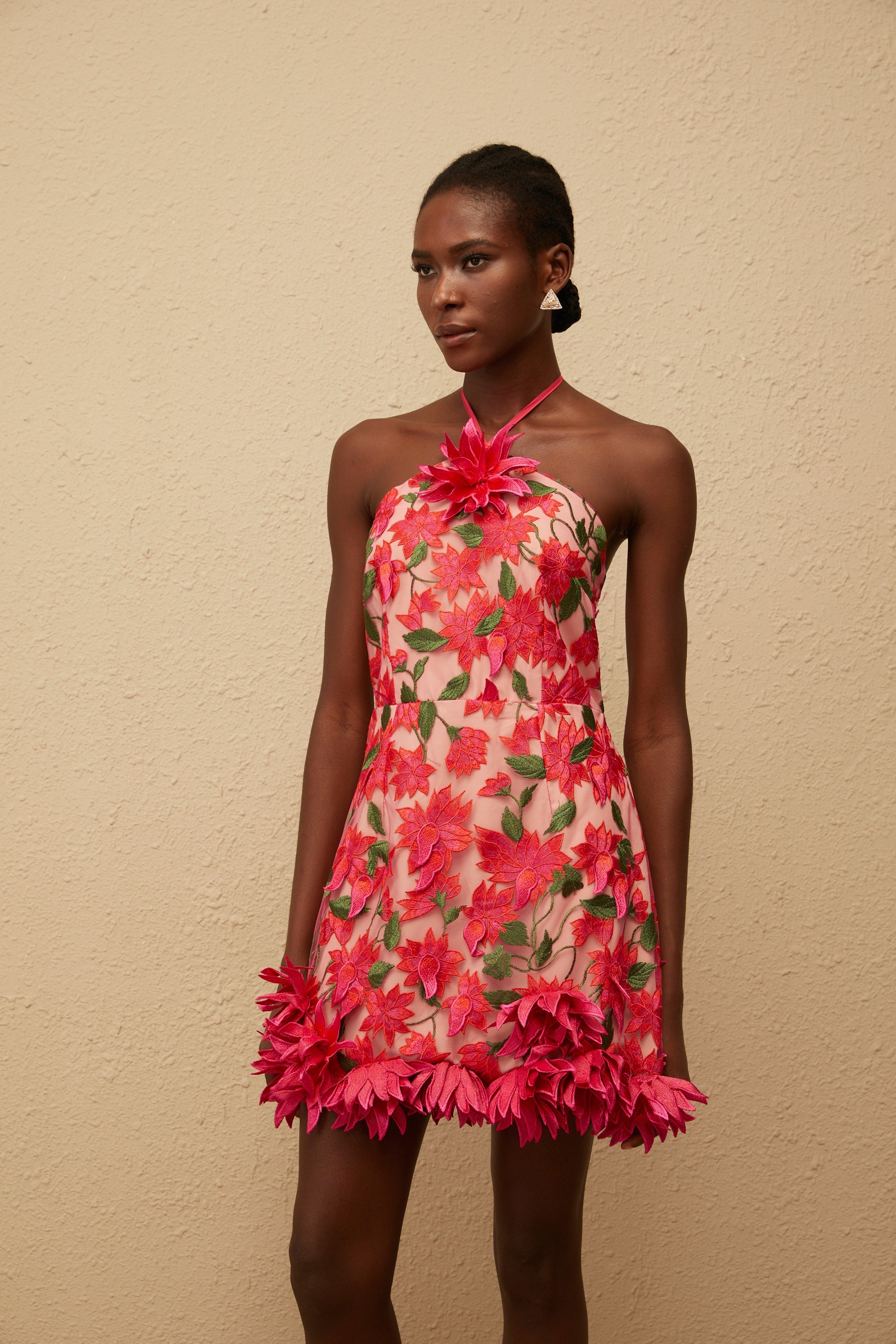Doriane Red Halterneck Floral Embroidered Mini Dress
