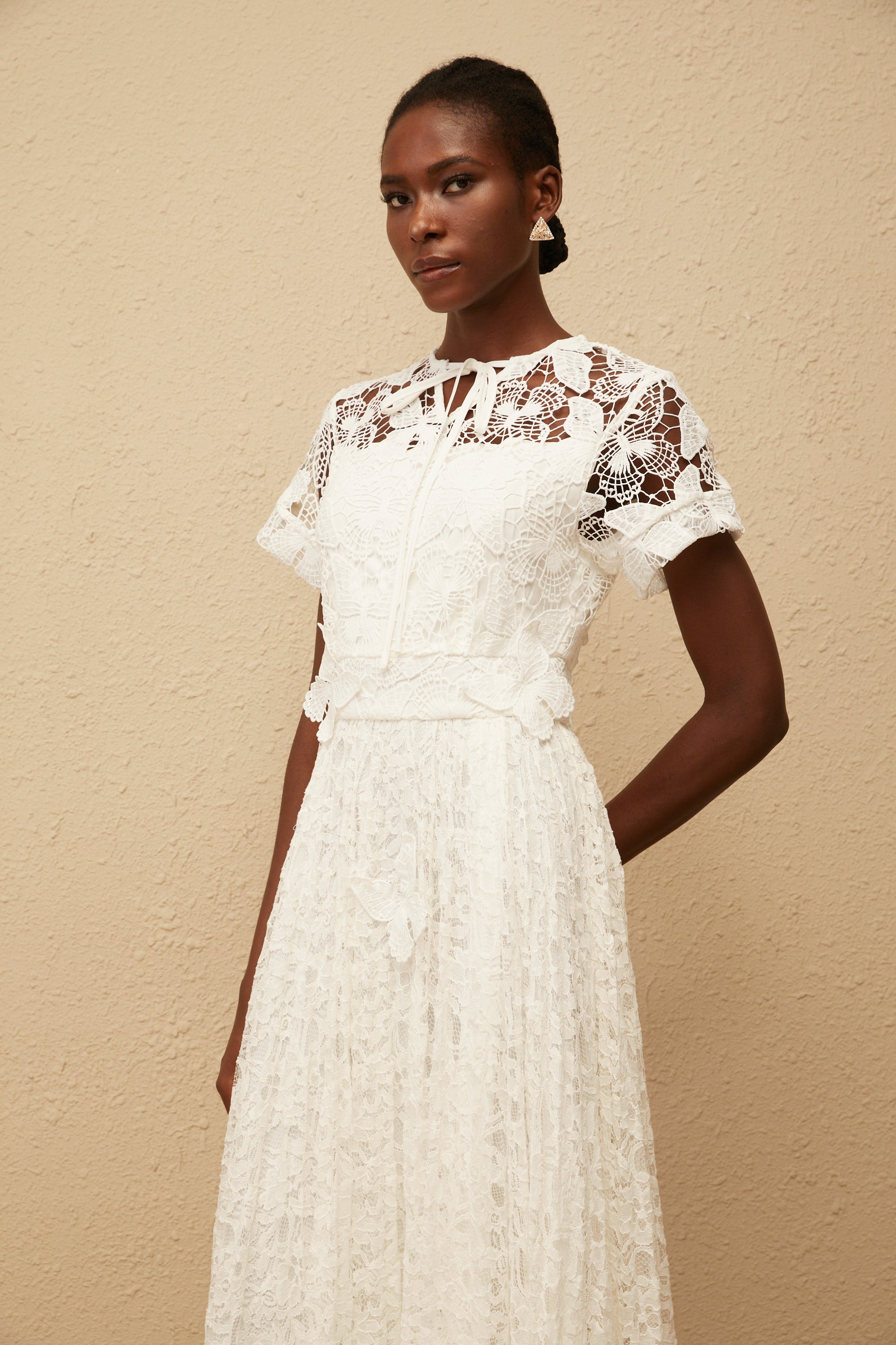 Victoire White Butterfly Appliqué Lace Maxi Dress