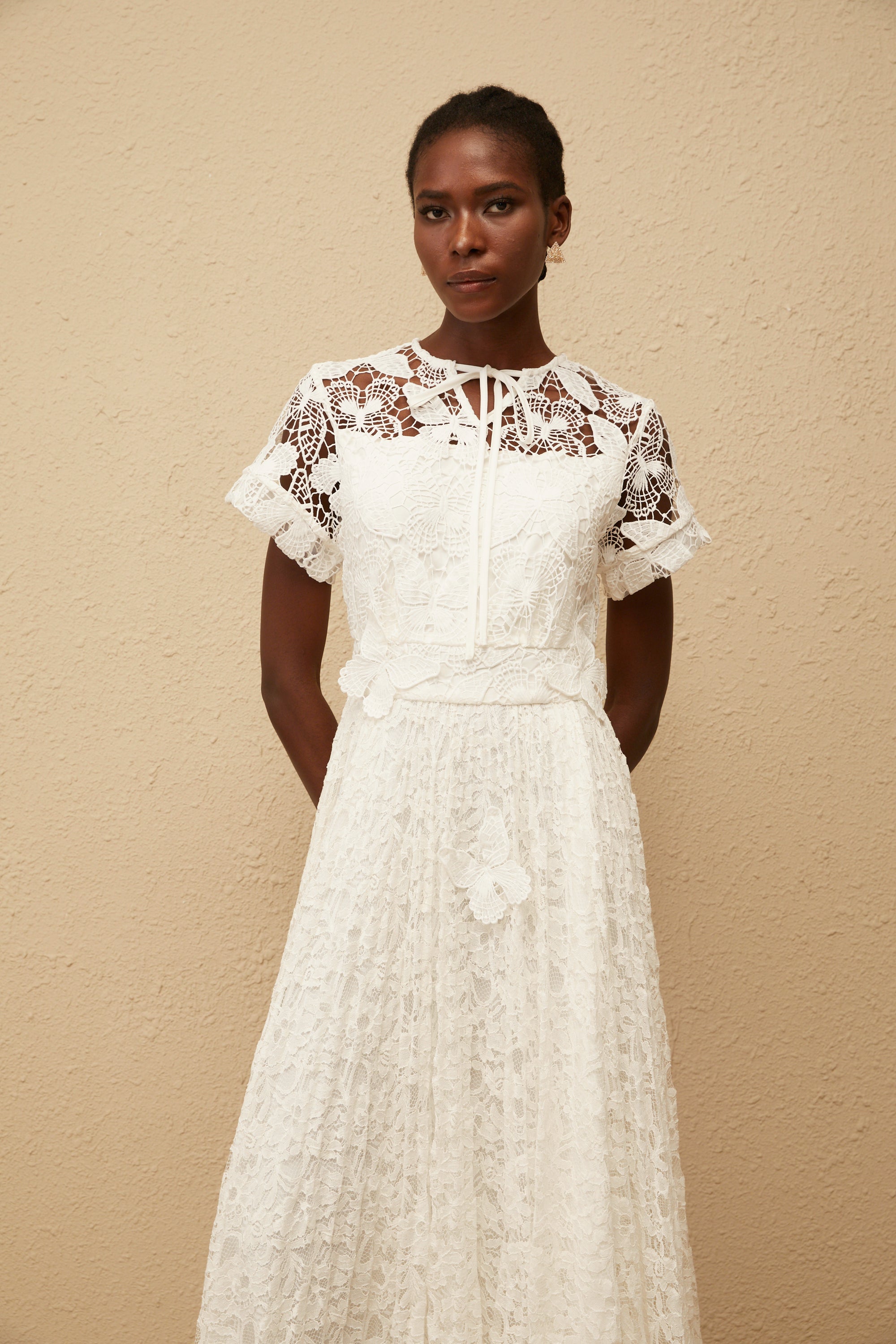 Victoire White Butterfly Appliqué Lace Maxi Dress