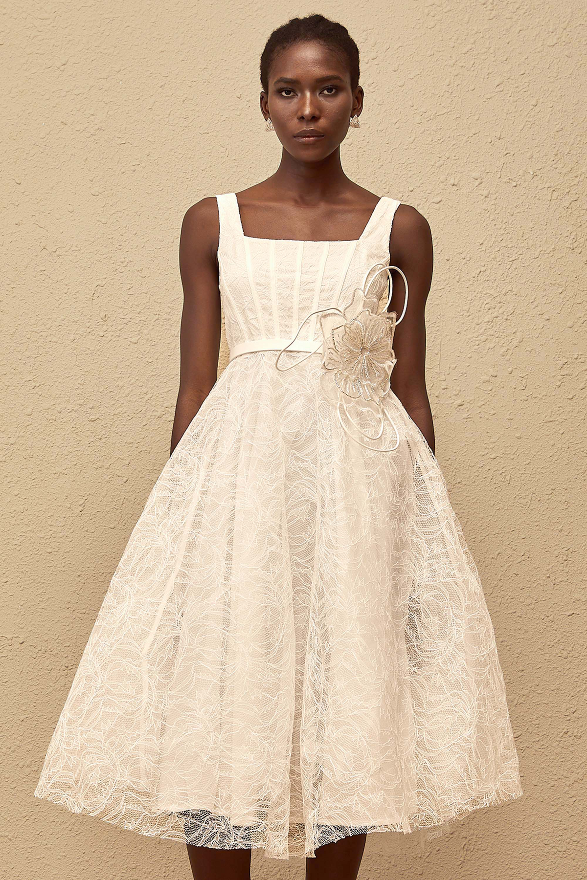 Sandrine White Floral Lace Midi Dress