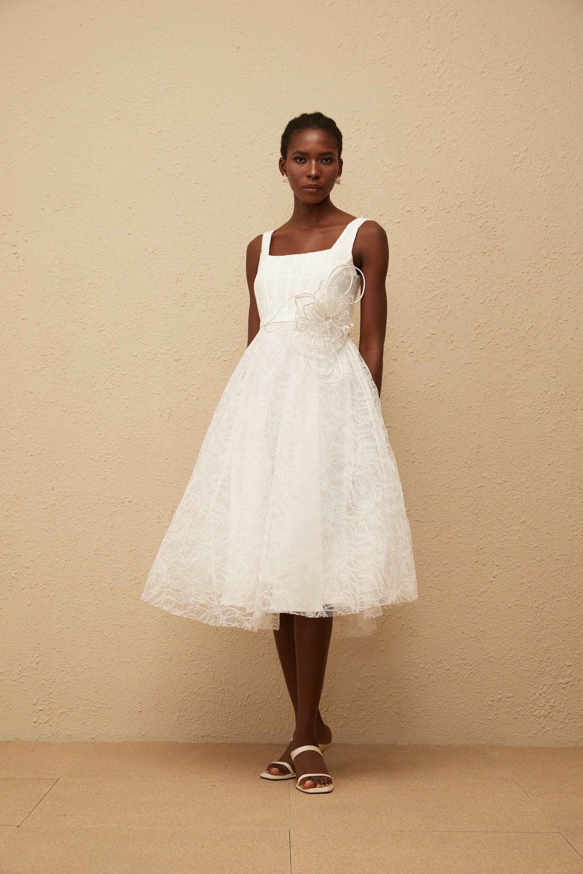 Sandrine White Floral Lace Midi Dress