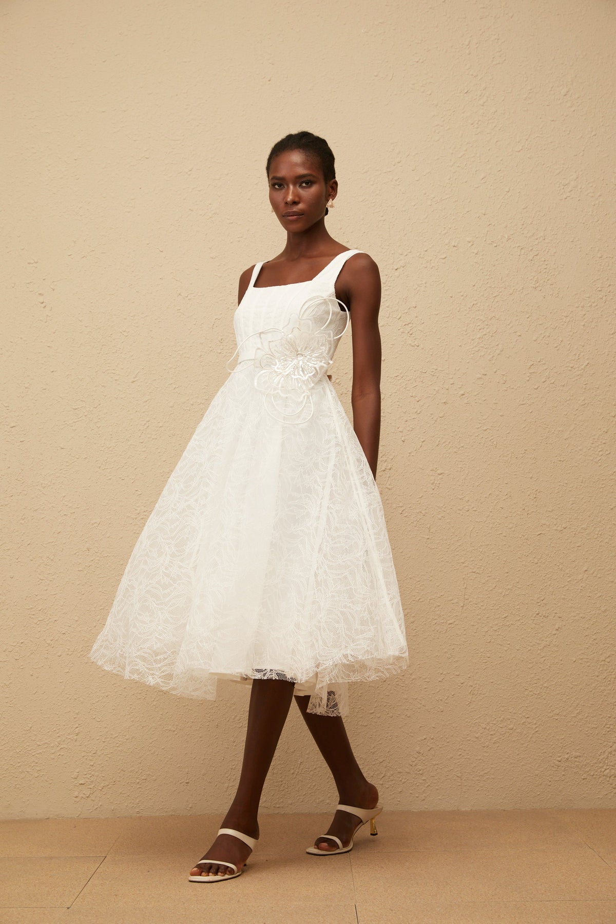 Sandrine White Floral Lace Midi Dress