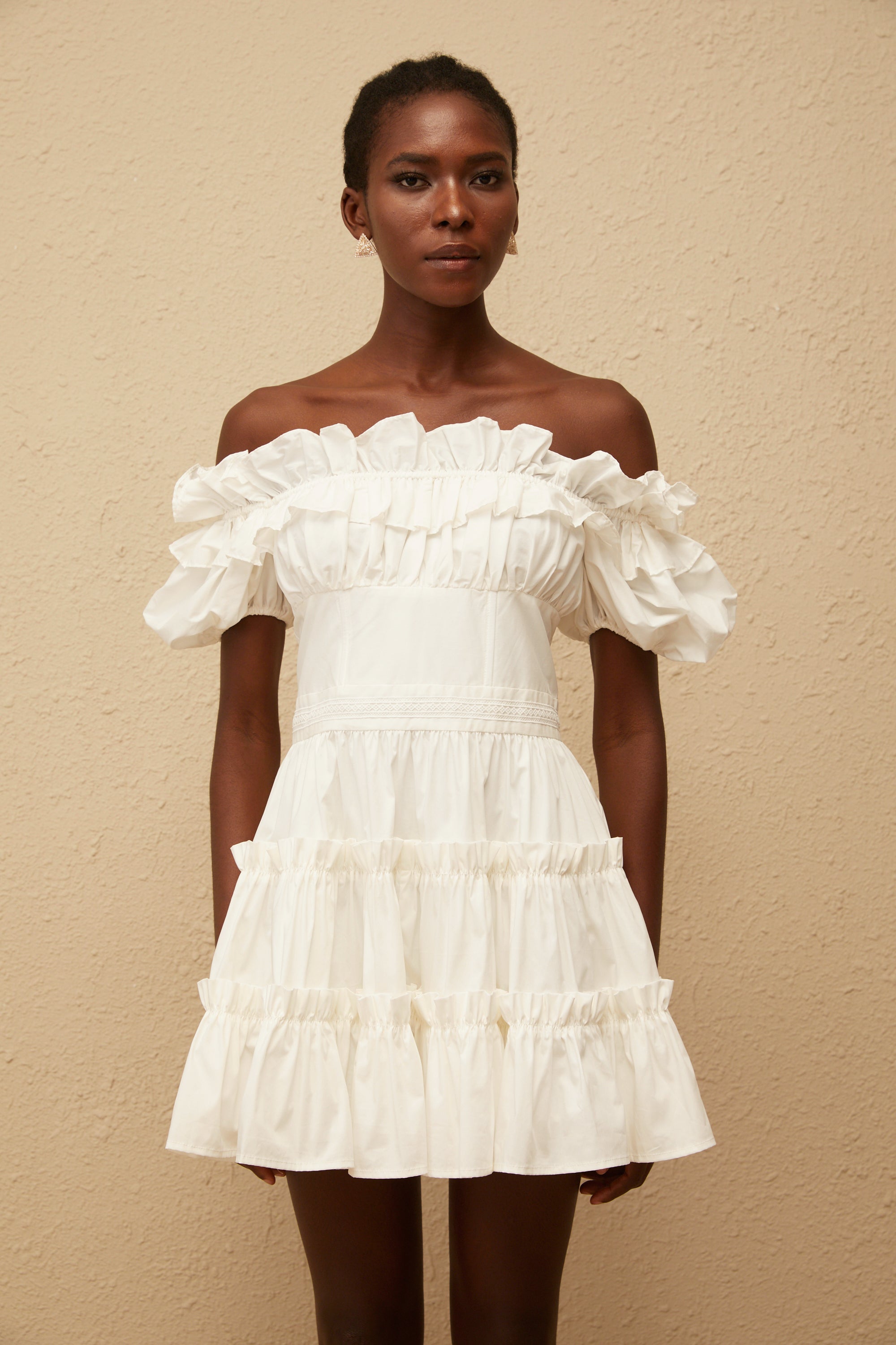 Irja White Off-Shoulder Shirred Mini Dress