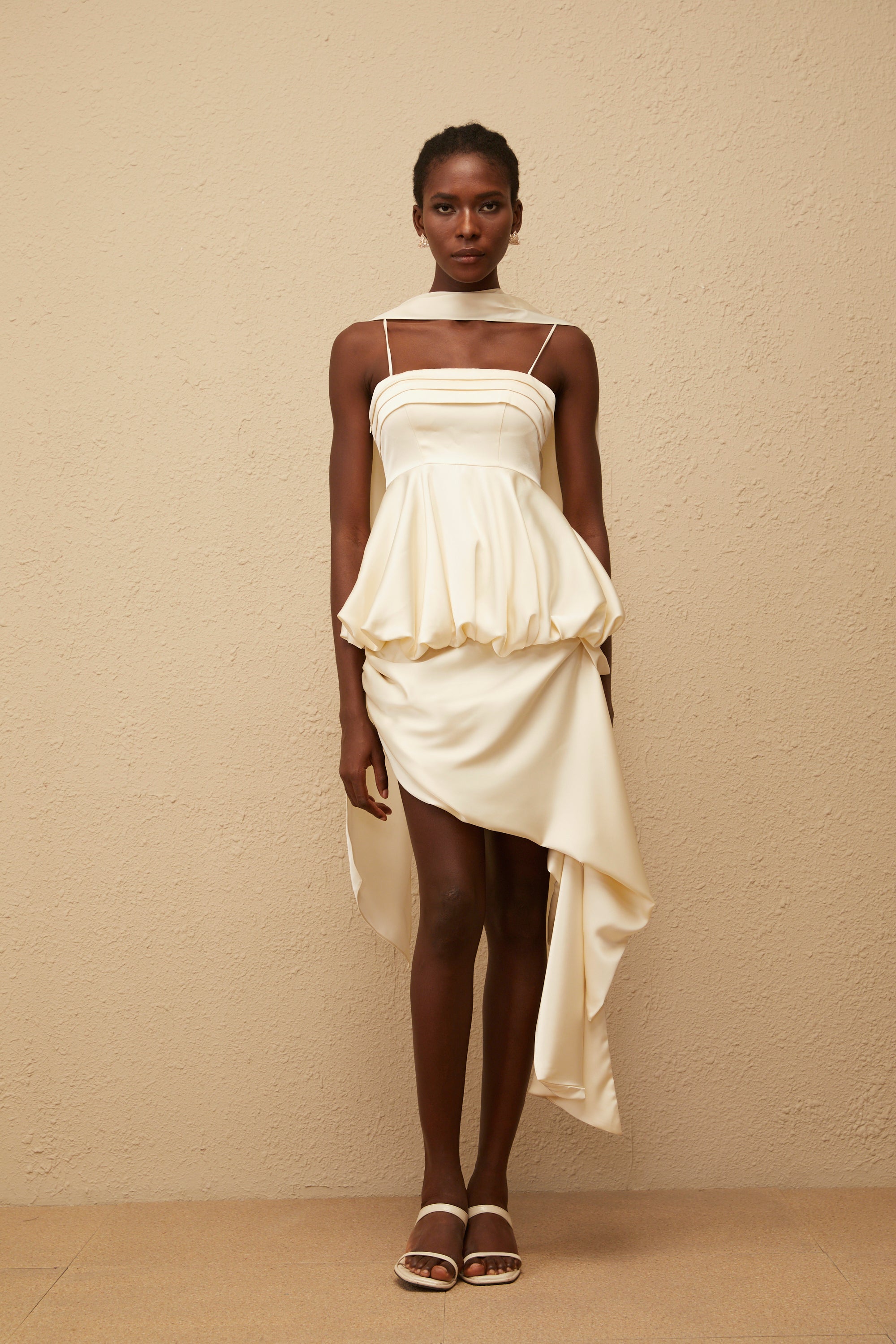 Opale Neutral Asymmetrical Satin Mini Dress