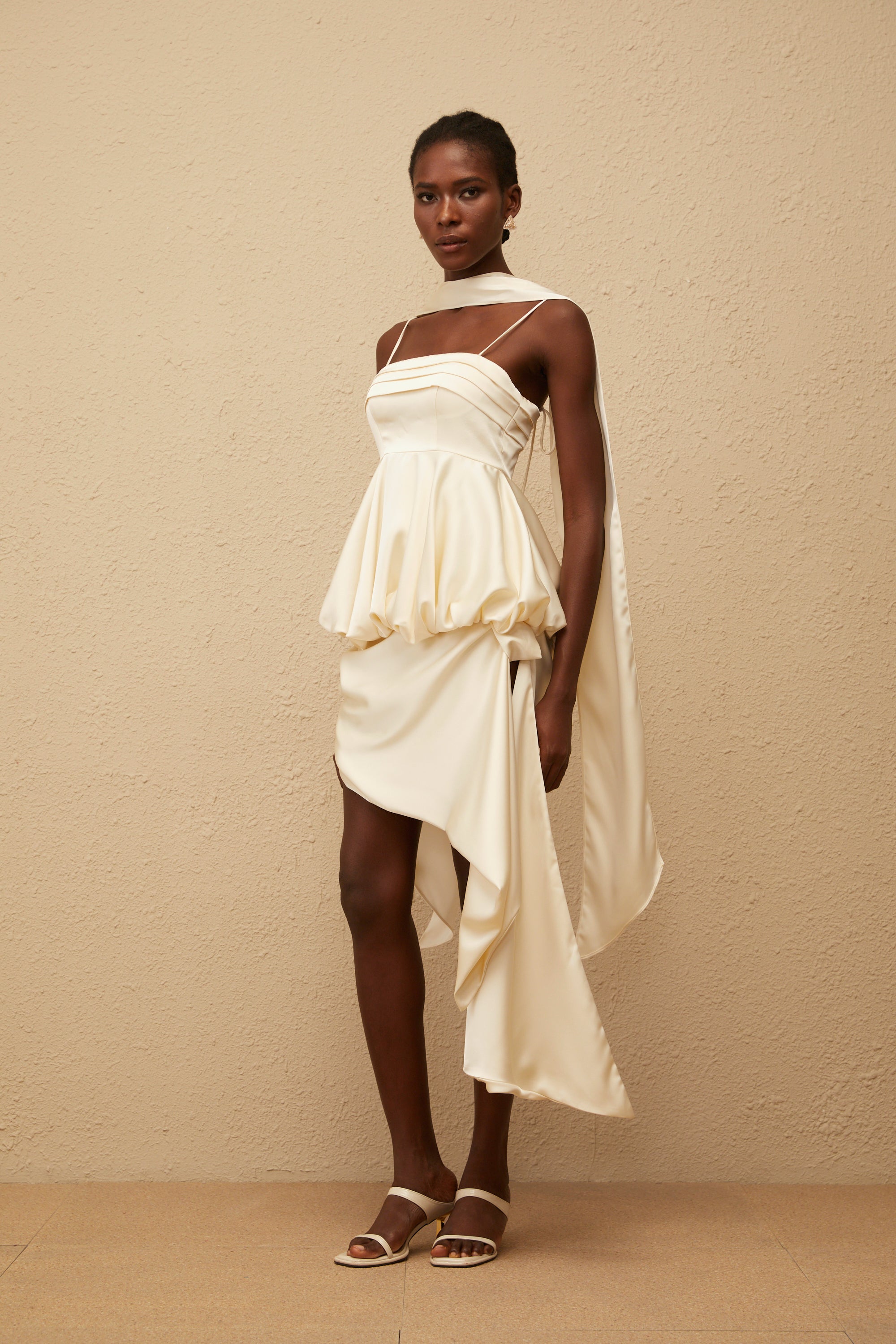 Opale Neutral Asymmetrical Satin Mini Dress