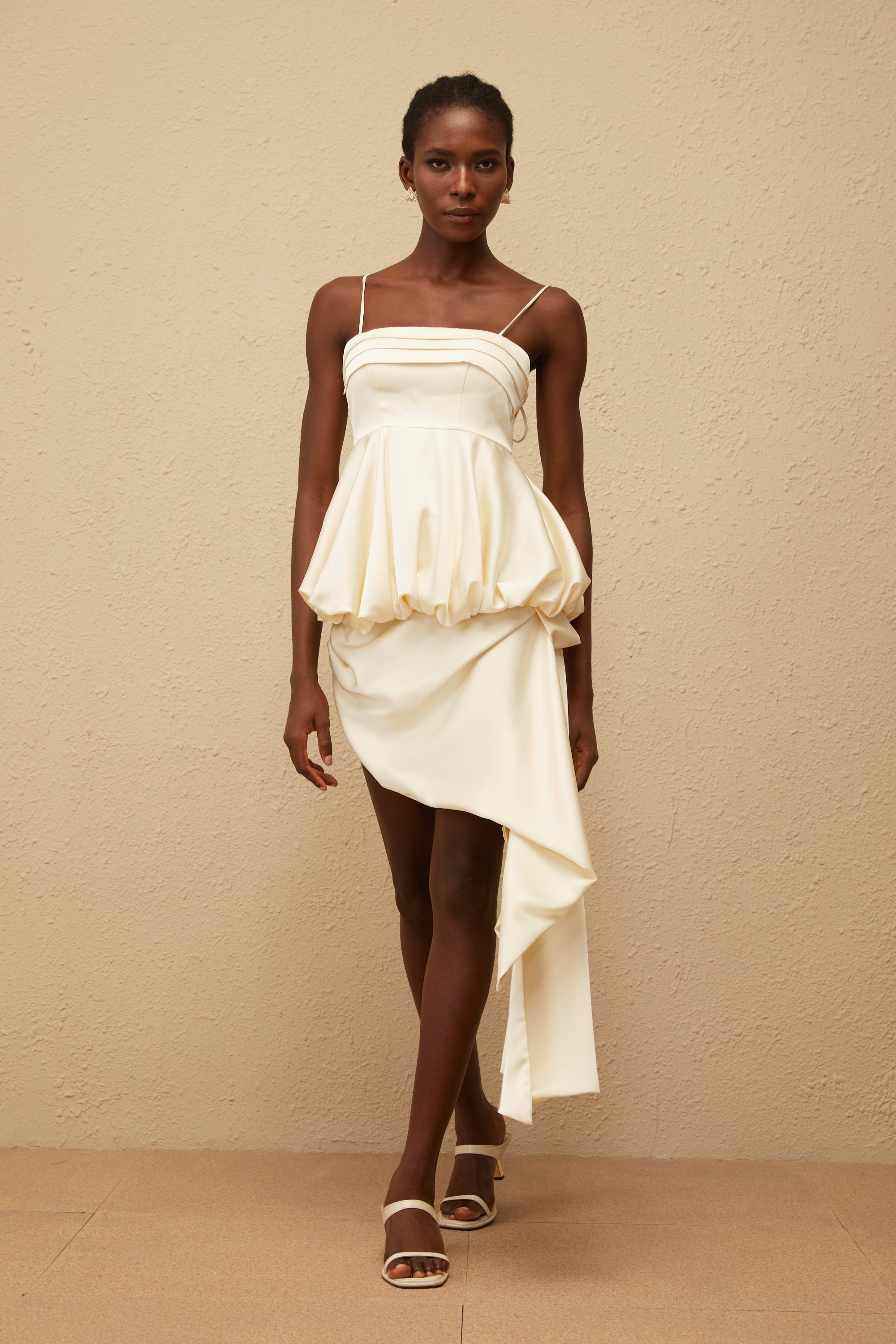 Opale Neutral Asymmetrical Satin Mini Dress
