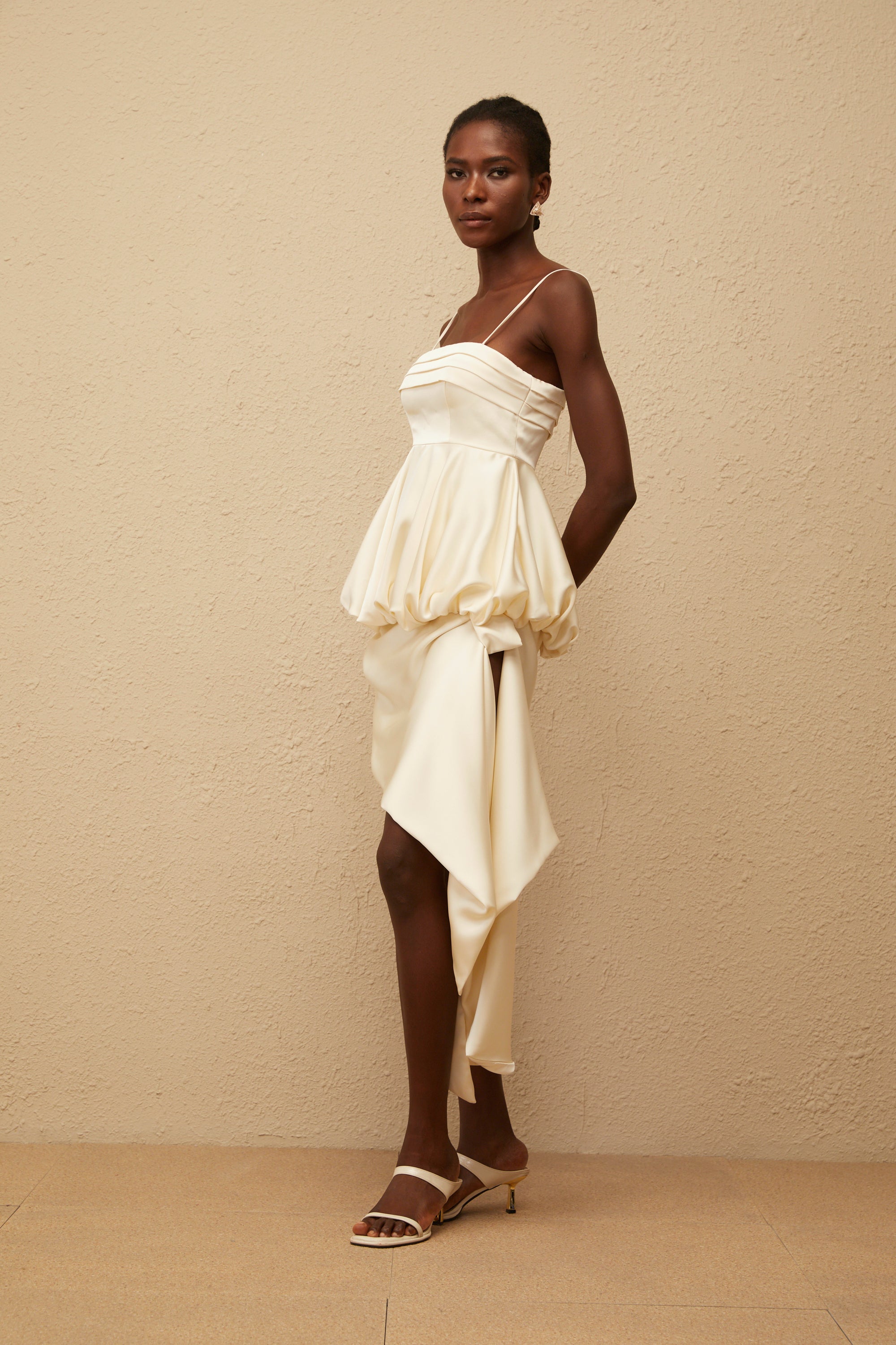 Opale Neutral Asymmetrical Satin Mini Dress