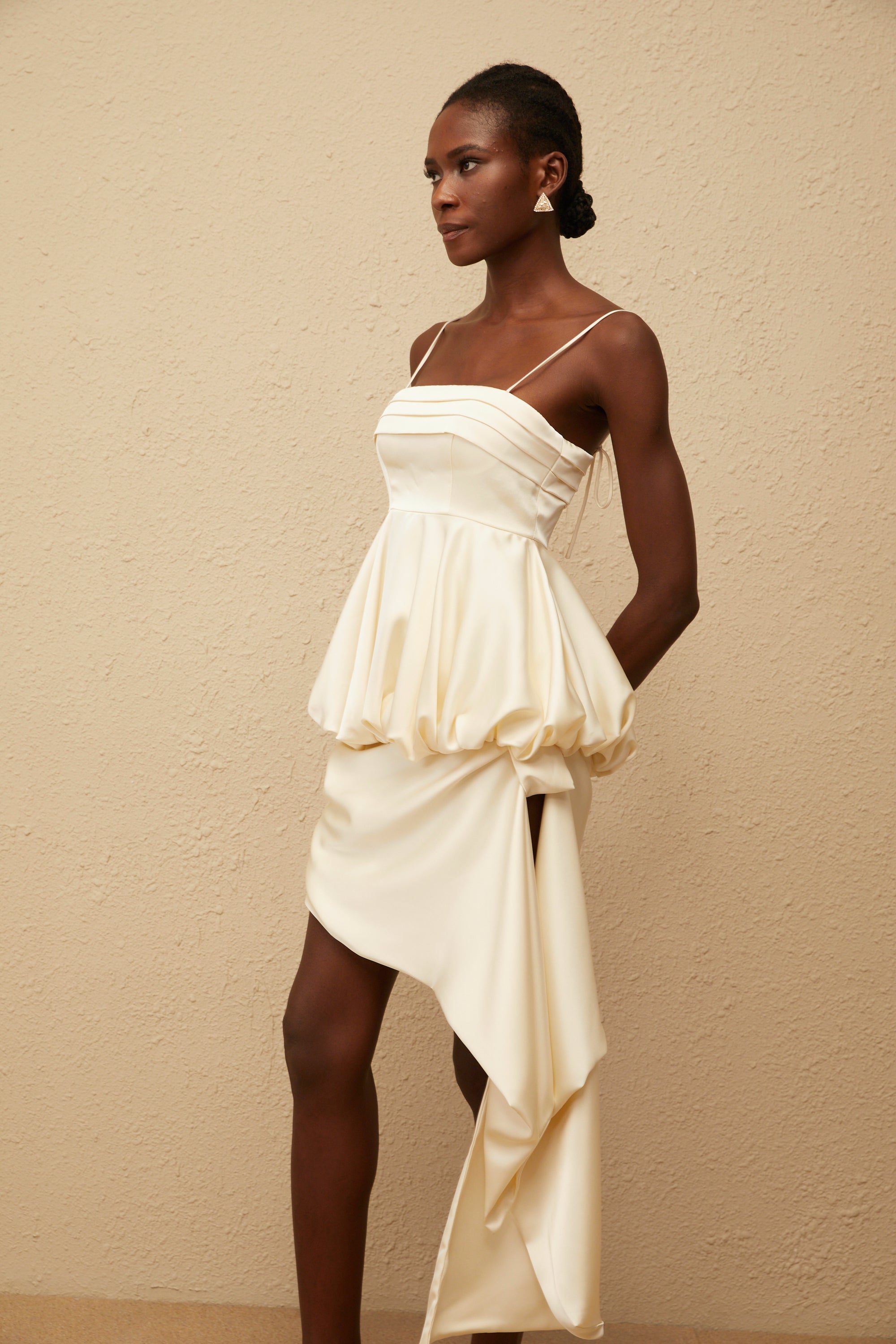 Opale Neutral Asymmetrical Satin Mini Dress