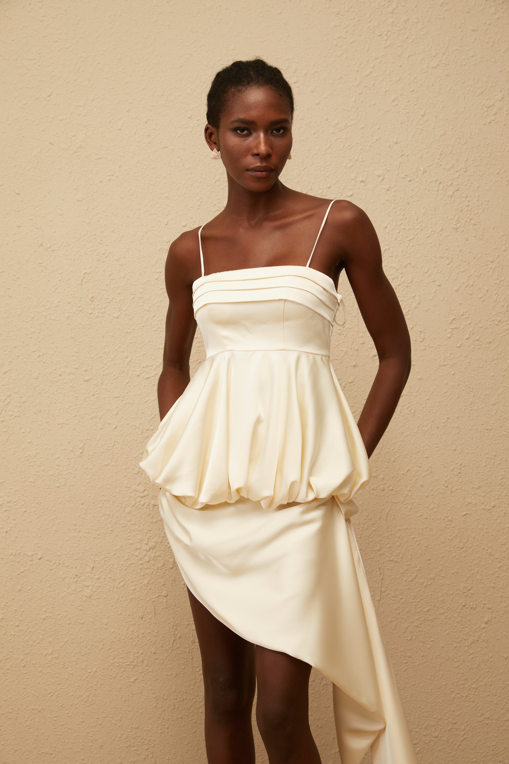 Opale Neutral Asymmetrical Satin Mini Dress