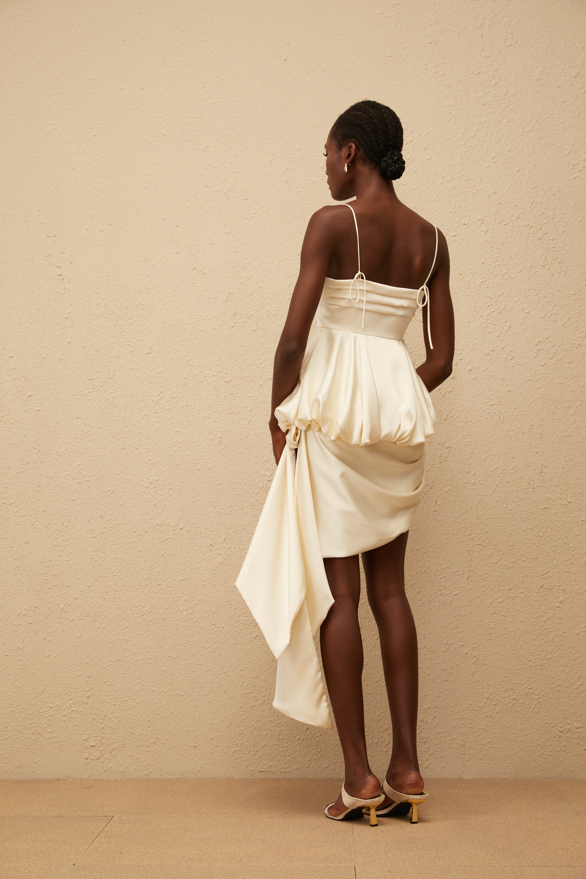 Opale Neutral Asymmetrical Satin Mini Dress