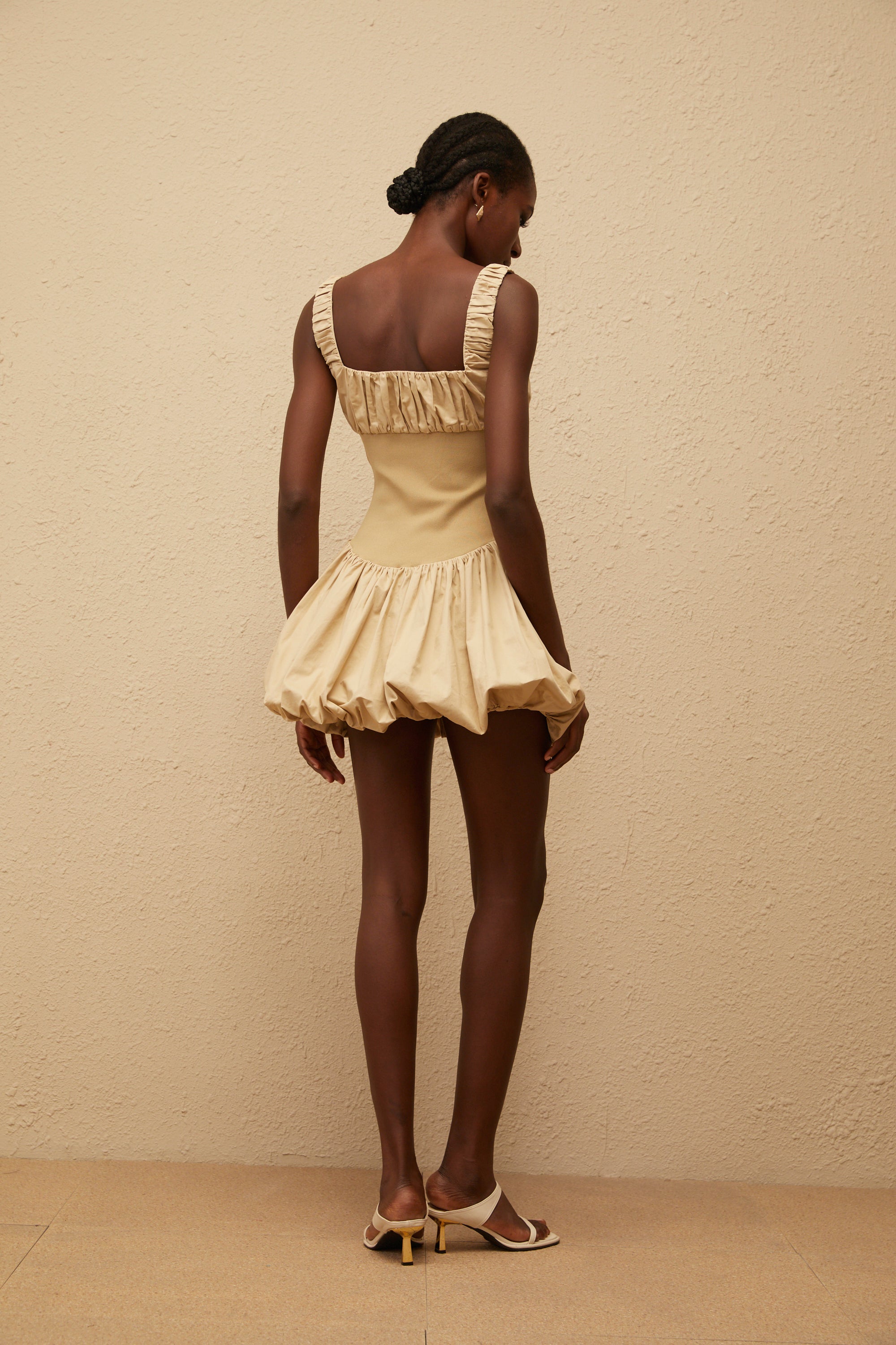 Sandrine Khaki Shirred Bubble Hem Mini Dress