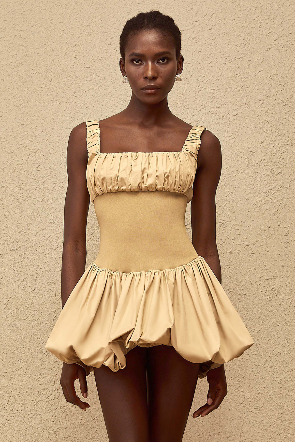 Sandrine Khaki Shirred Bubble Hem Mini Dress