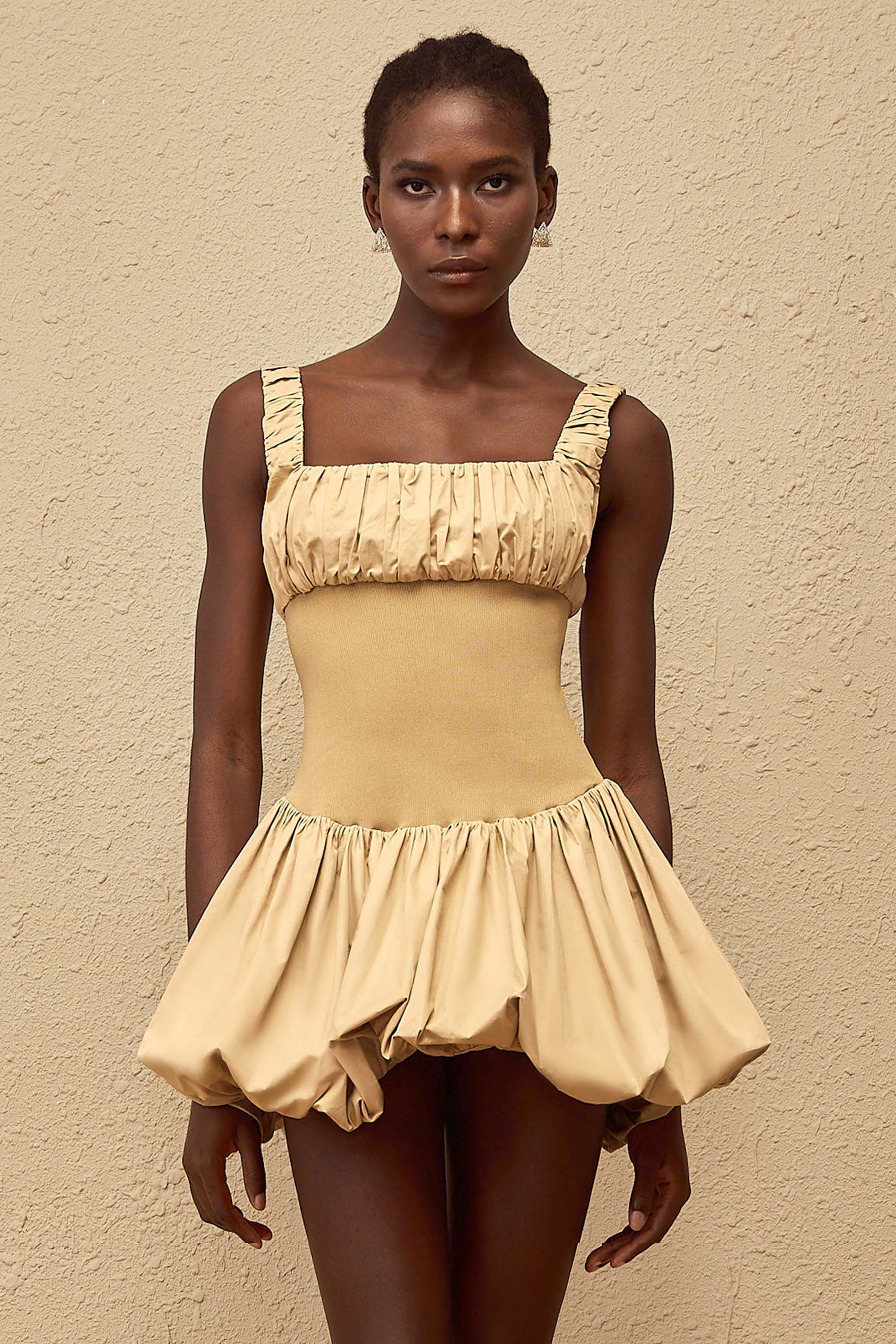 Sandrine Khaki Shirred Bubble Hem Mini Dress (Final Sale-US Only)