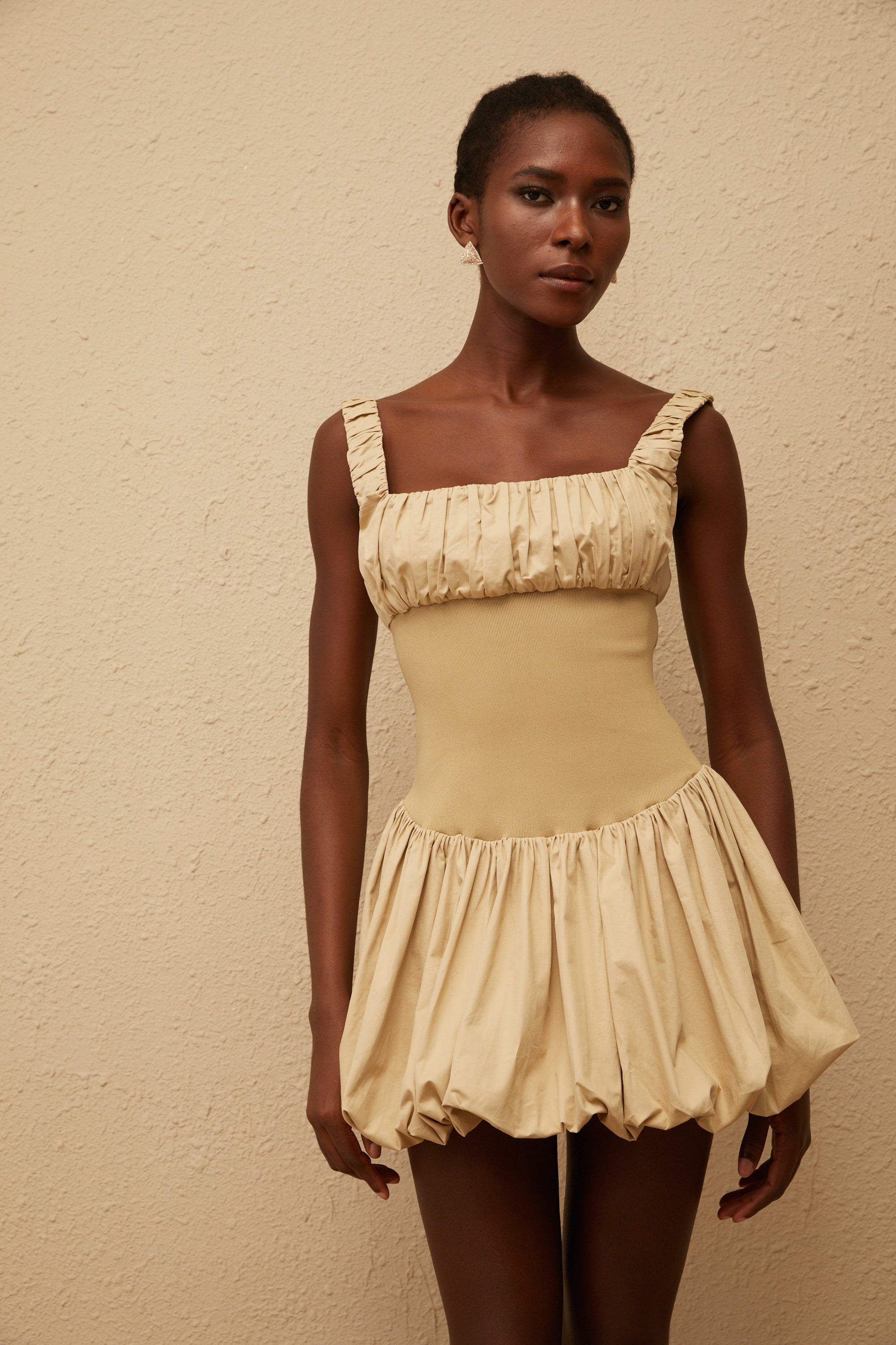 Sandrine Khaki Shirred Bubble Hem Mini Dress
