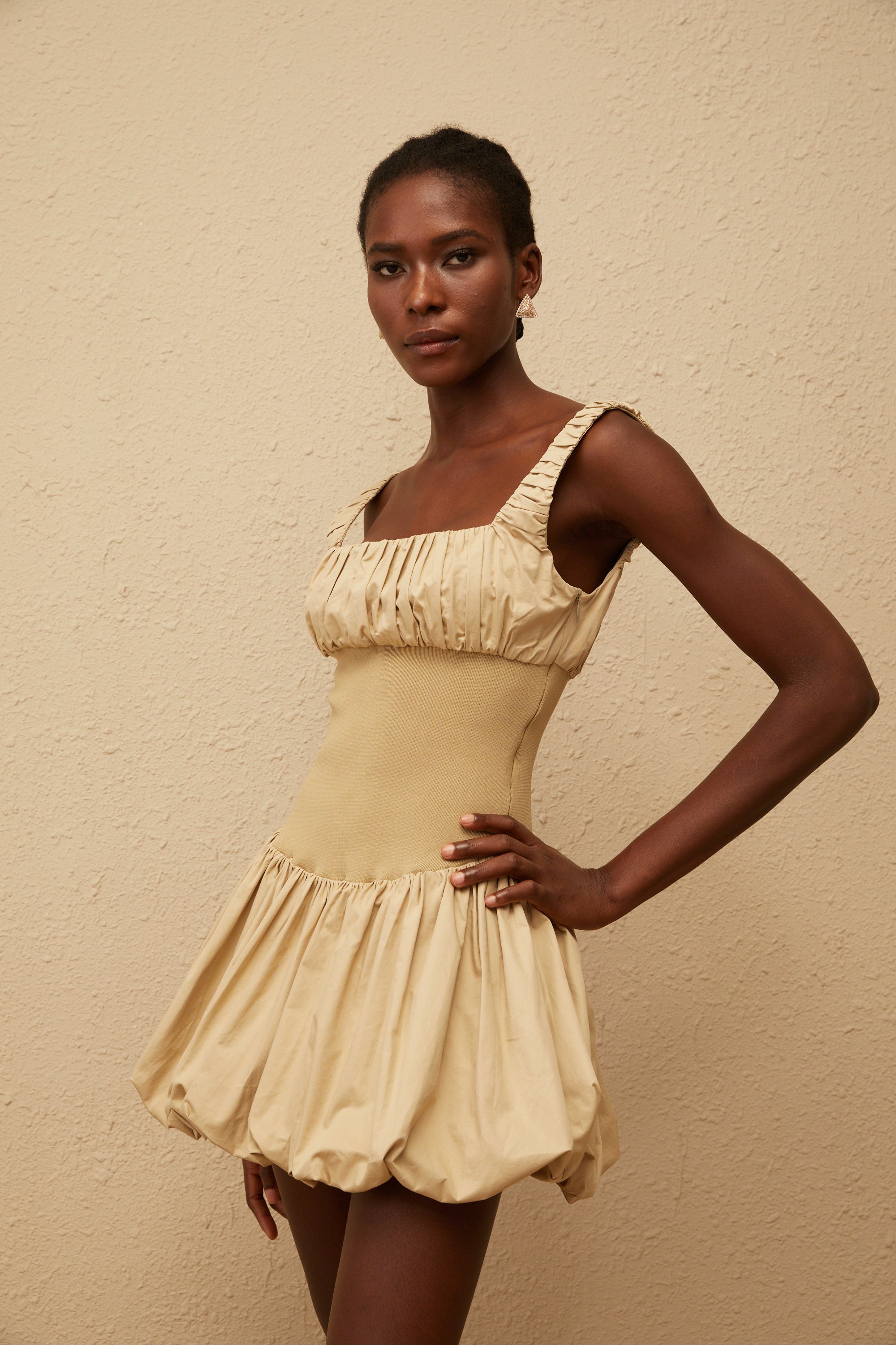 Sandrine Khaki Shirred Bubble Hem Mini Dress