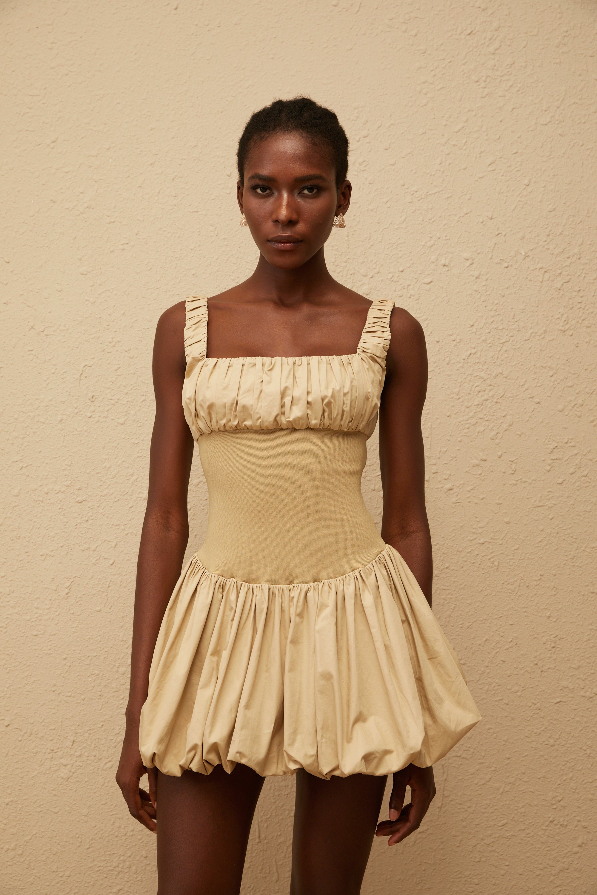 Sandrine Khaki Shirred Bubble Hem Mini Dress
