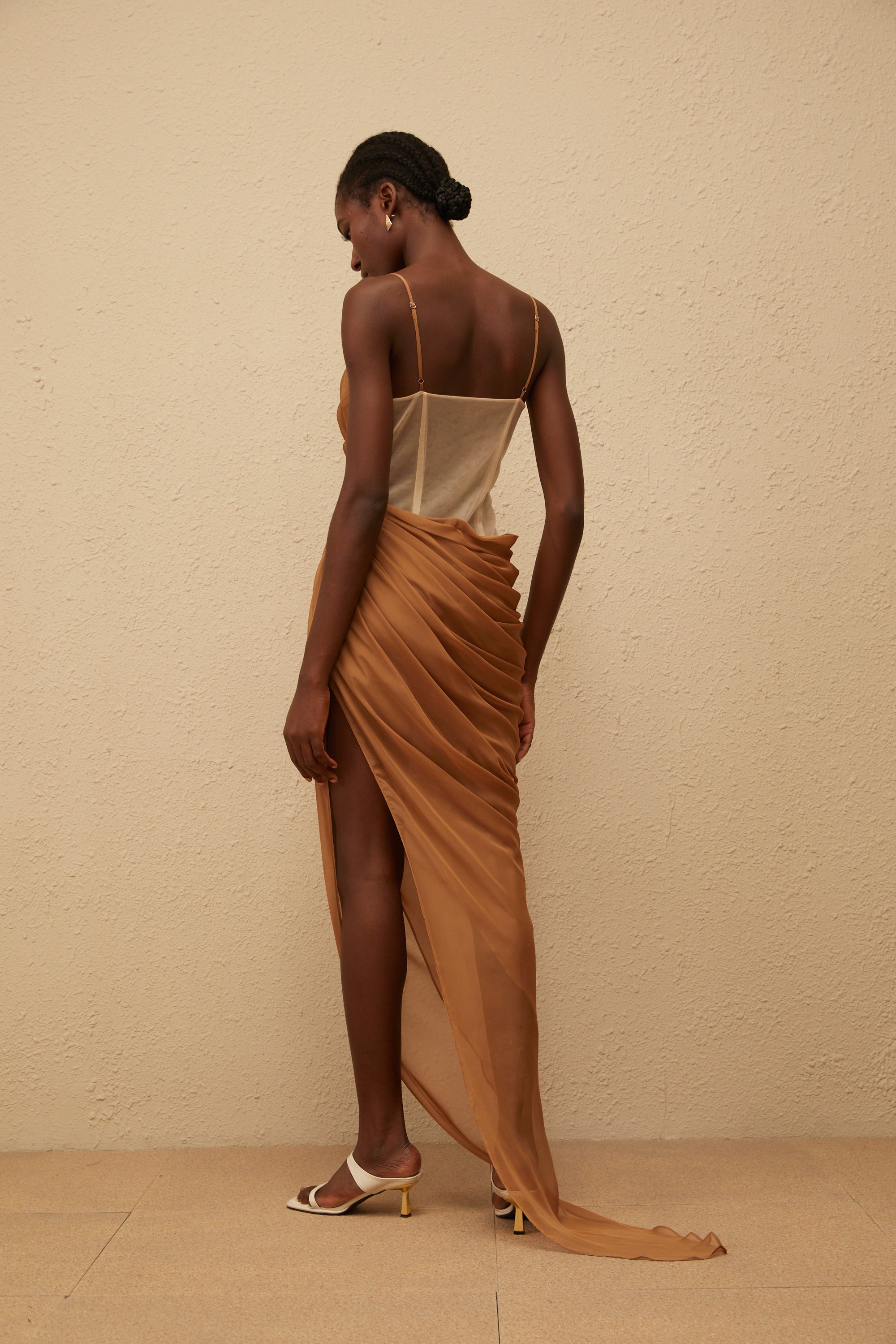 Charisa Khaki Draped Chiffon Maxi Dress