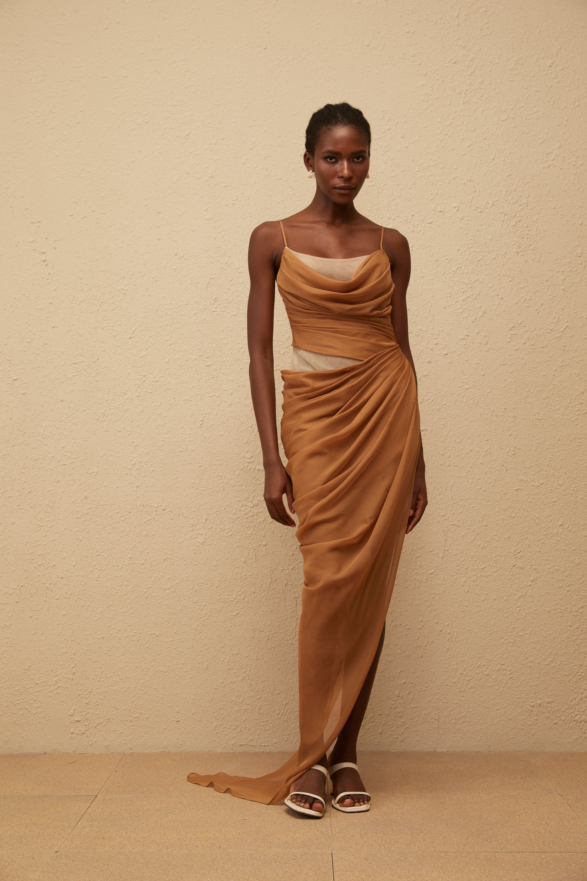 Charisa Khaki Draped Chiffon Maxi Dress