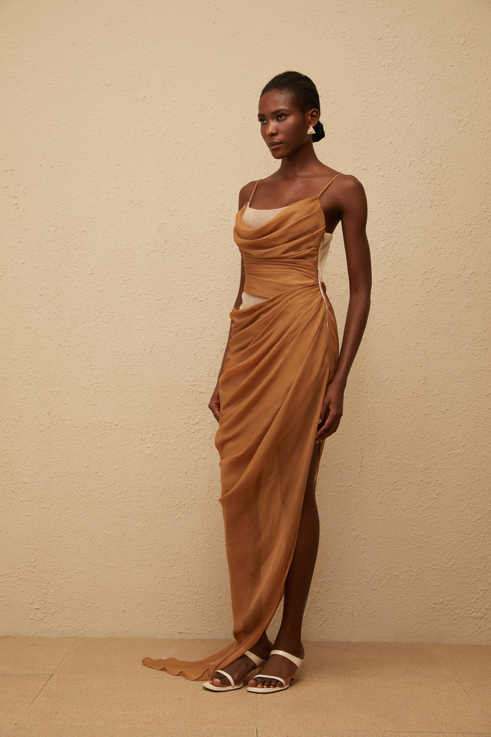 Charisa Khaki Draped Chiffon Maxi Dress