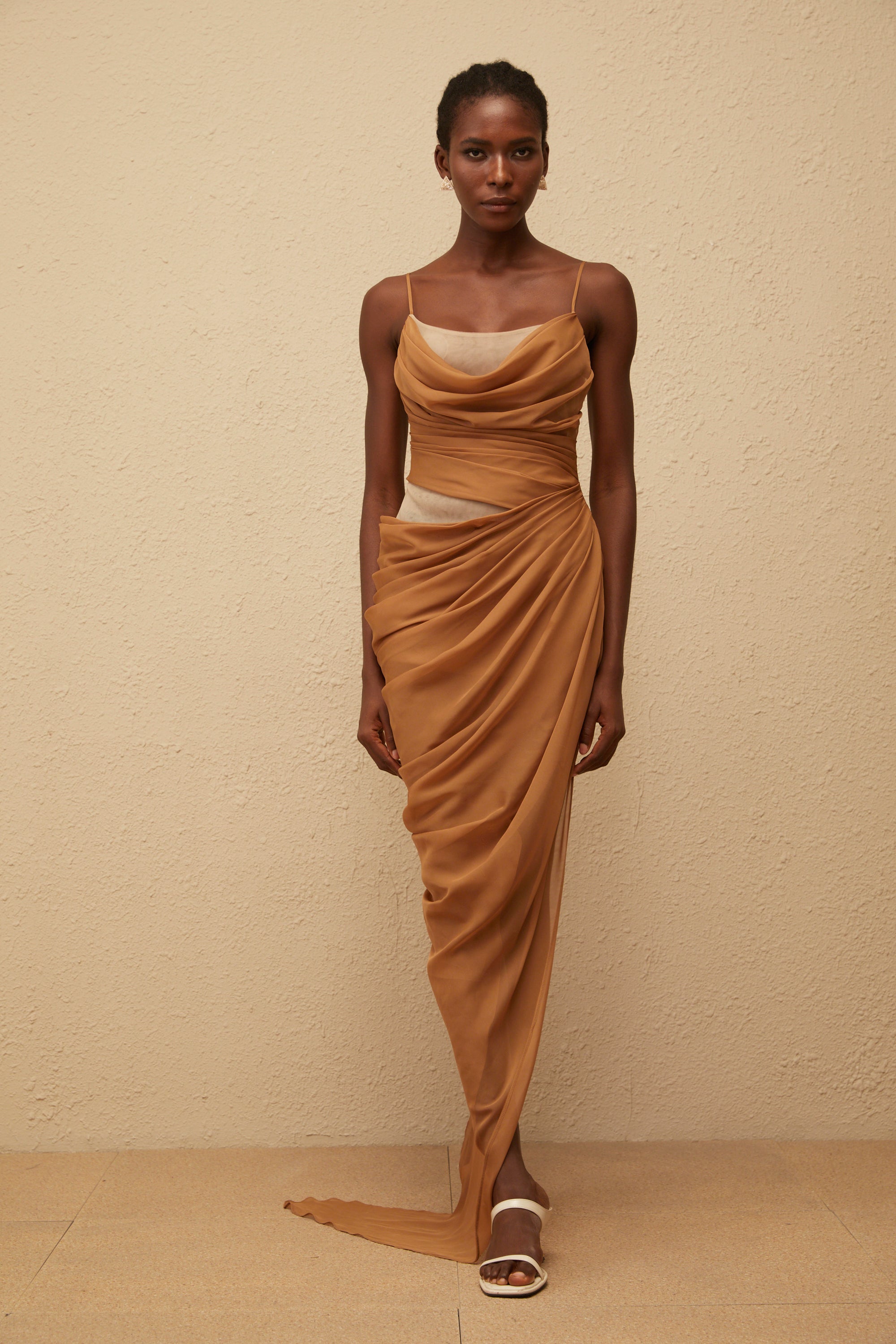 Charisa Khaki Draped Chiffon Maxi Dress