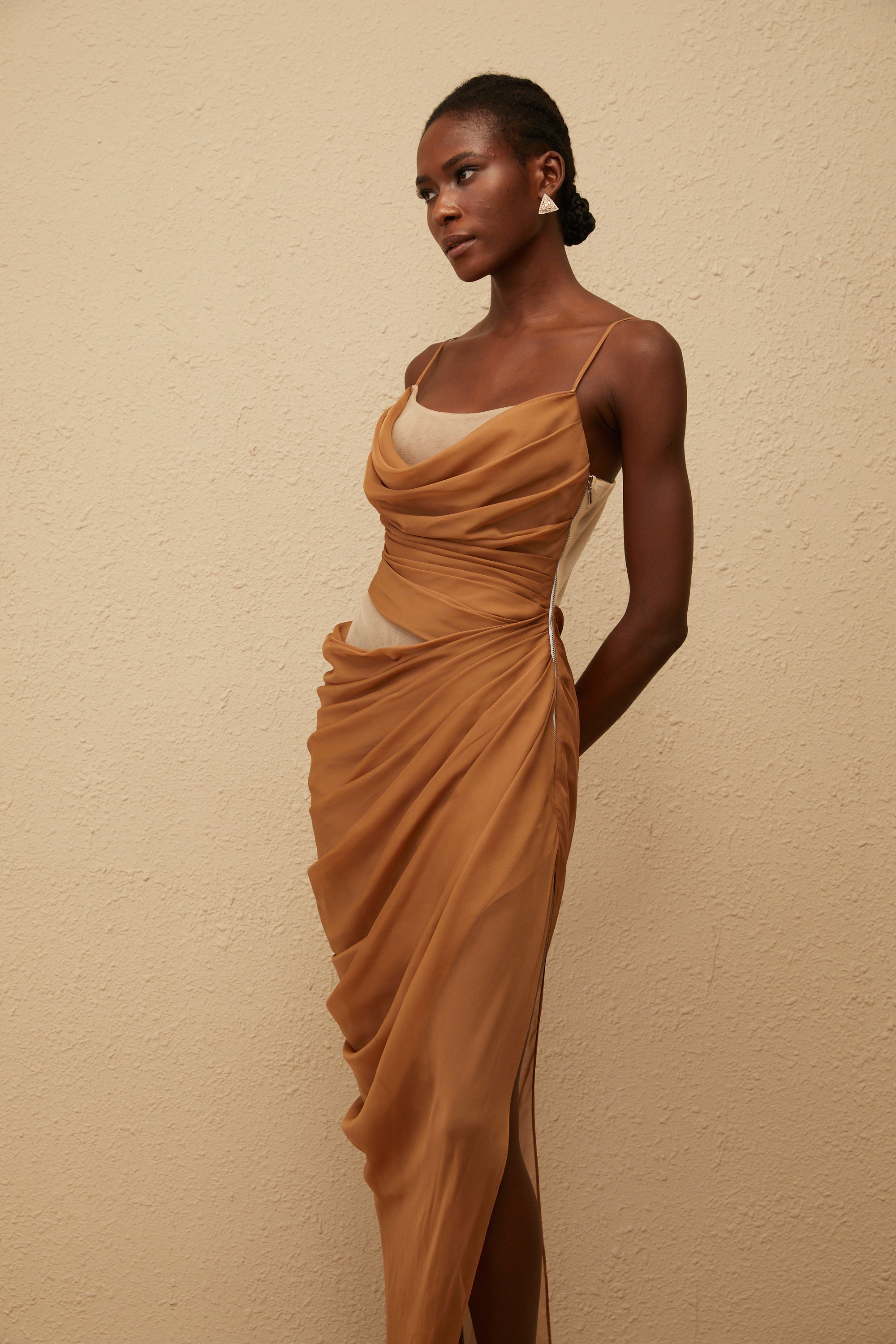 Charisa Khaki Draped Chiffon Maxi Dress