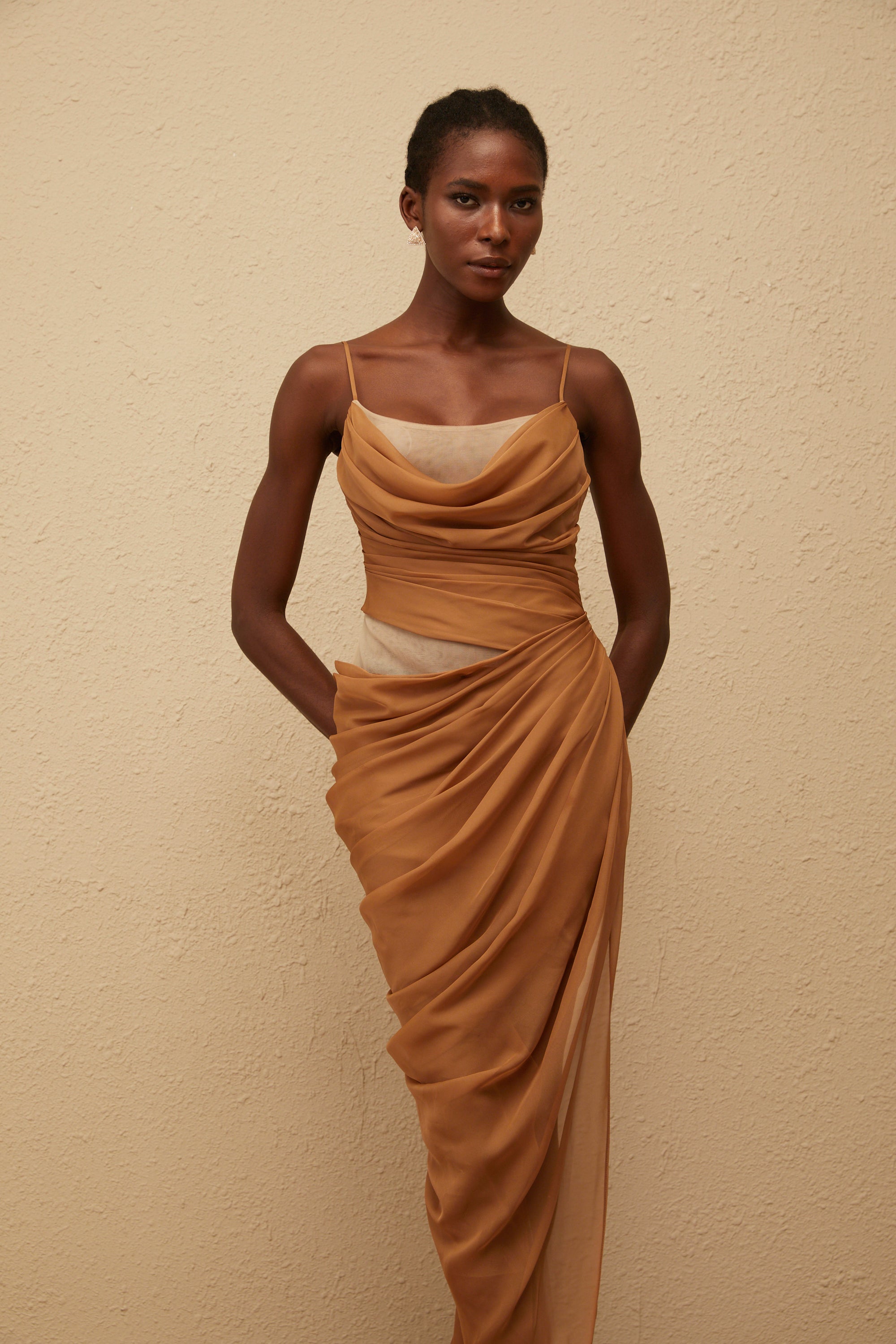Charisa Khaki Draped Chiffon Maxi Dress